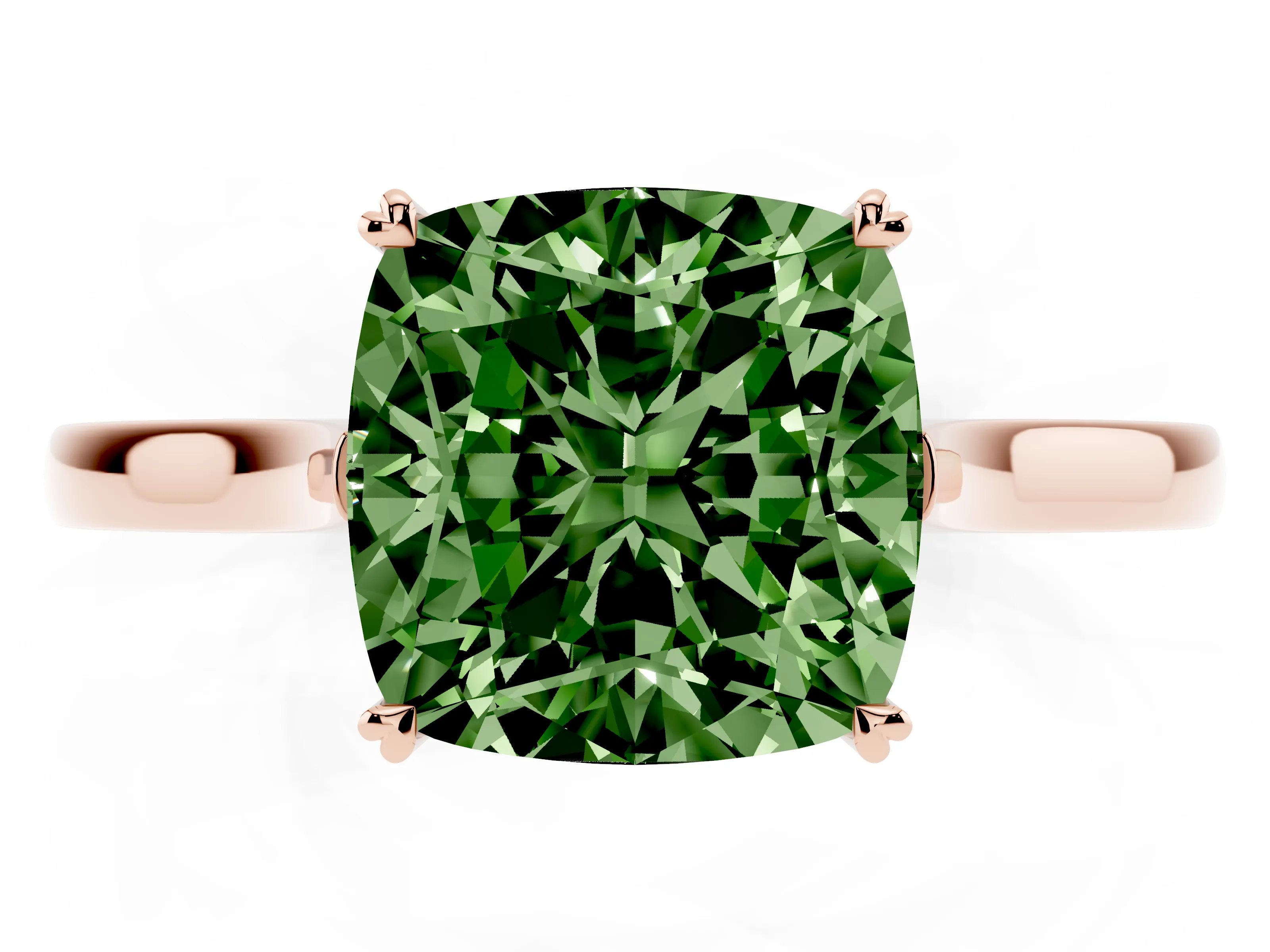 Fancy Green Cushion Cut Diamond Solitaire Heart Prong Engagement Ring Set in Rose gold with Tapered Band