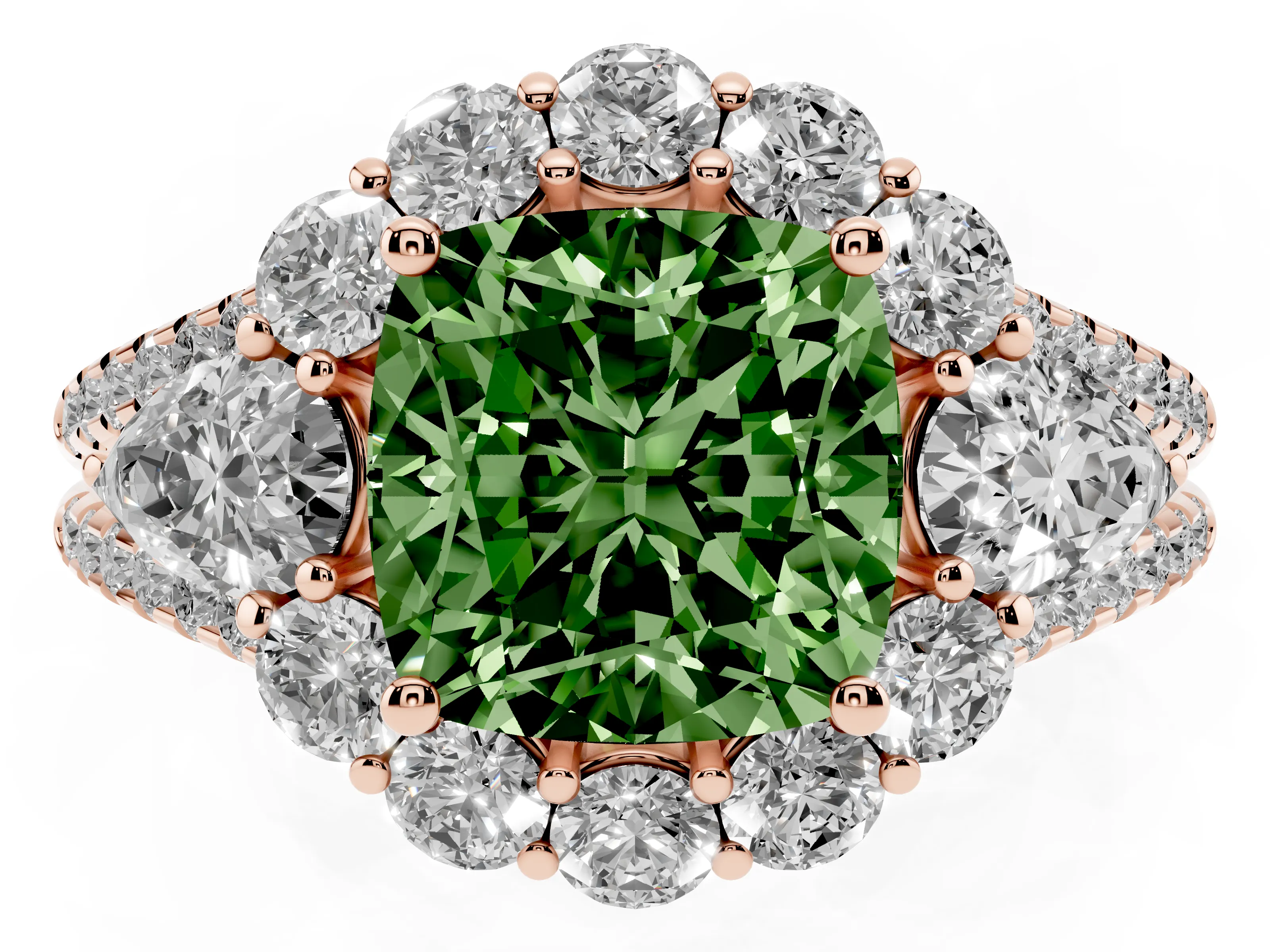 Fancy Green Cushion Cut Diamond Halo Split Shank Engagement Ring Set in Rose gold with Prong-Held Center Stone