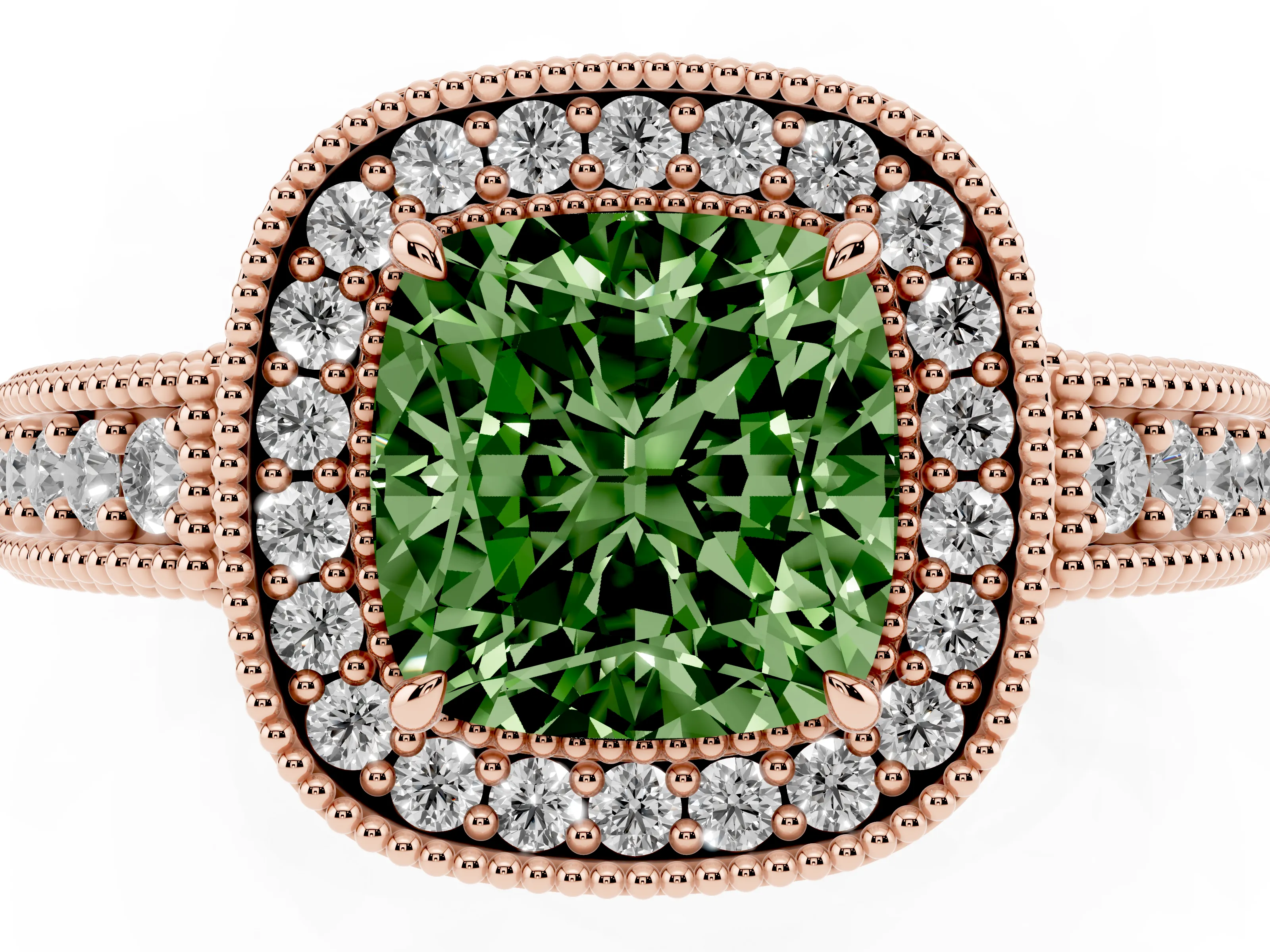 Fancy Green Cushion Cut Diamond Halo Ring Set in Rose gold with Round Accent Halo, Pavé Band and Prong Setting