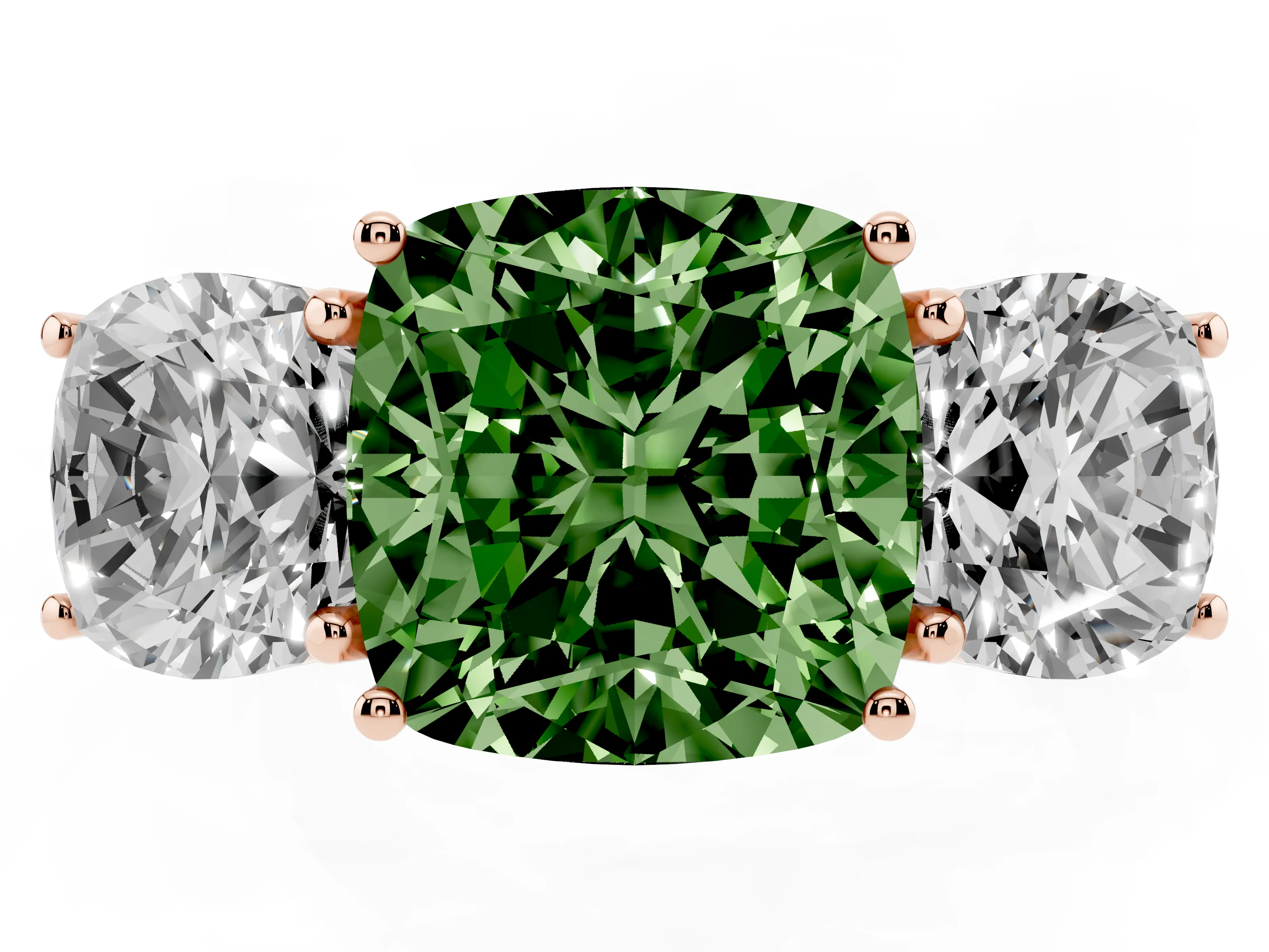 Fancy Green Cushion Cut Diamond Three-Stone Ring Set in Rose gold with Braided Band