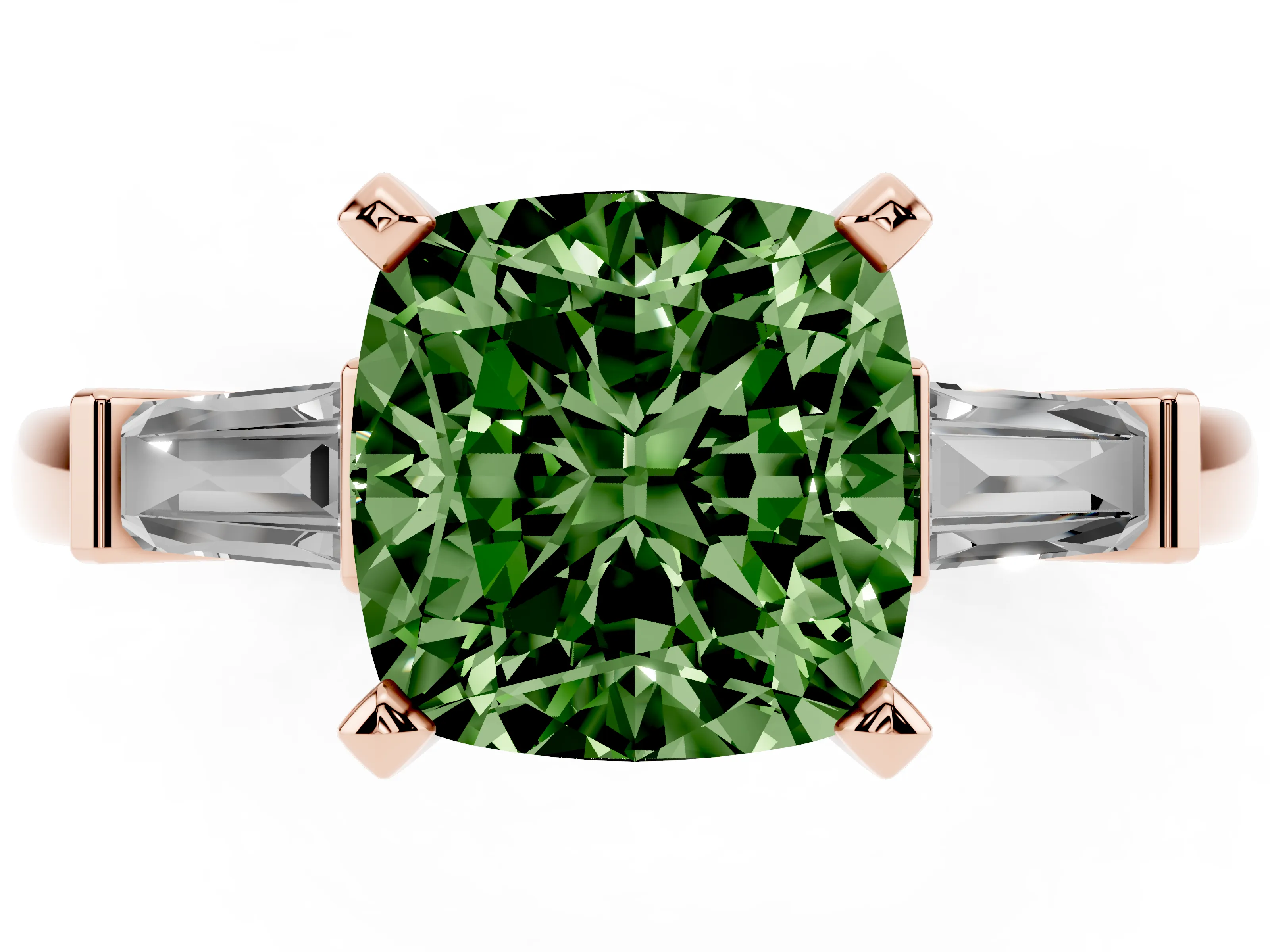 Fancy Green Cushion Cut Diamond Solitaire Ring Set in Rose gold with Tapered Baguette Accents and Prong Setting