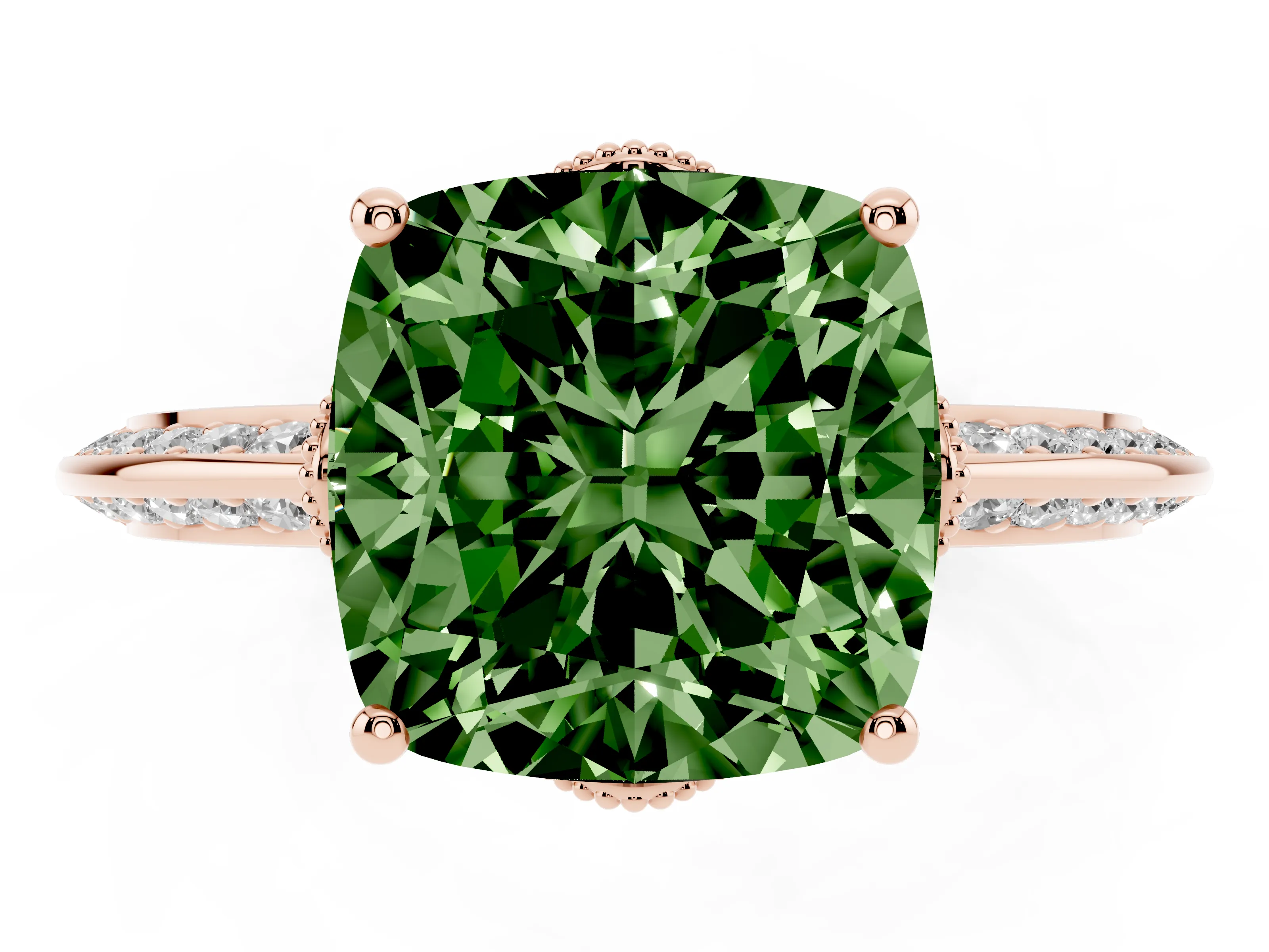 Fancy Green Cushion Cut Diamond Solitaire Engagement Ring Set in Rose gold with Pavé Split Shank and Prong Setting