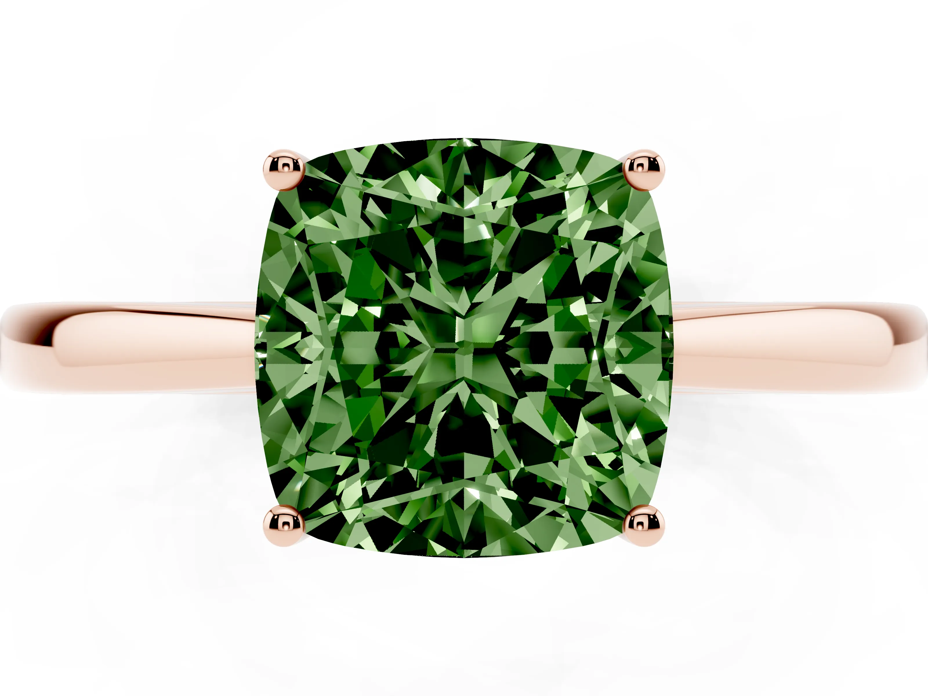 Fancy Green Cushion Cut Diamond Solitaire Ring Set in Rose gold with Split Shank and Prong Setting