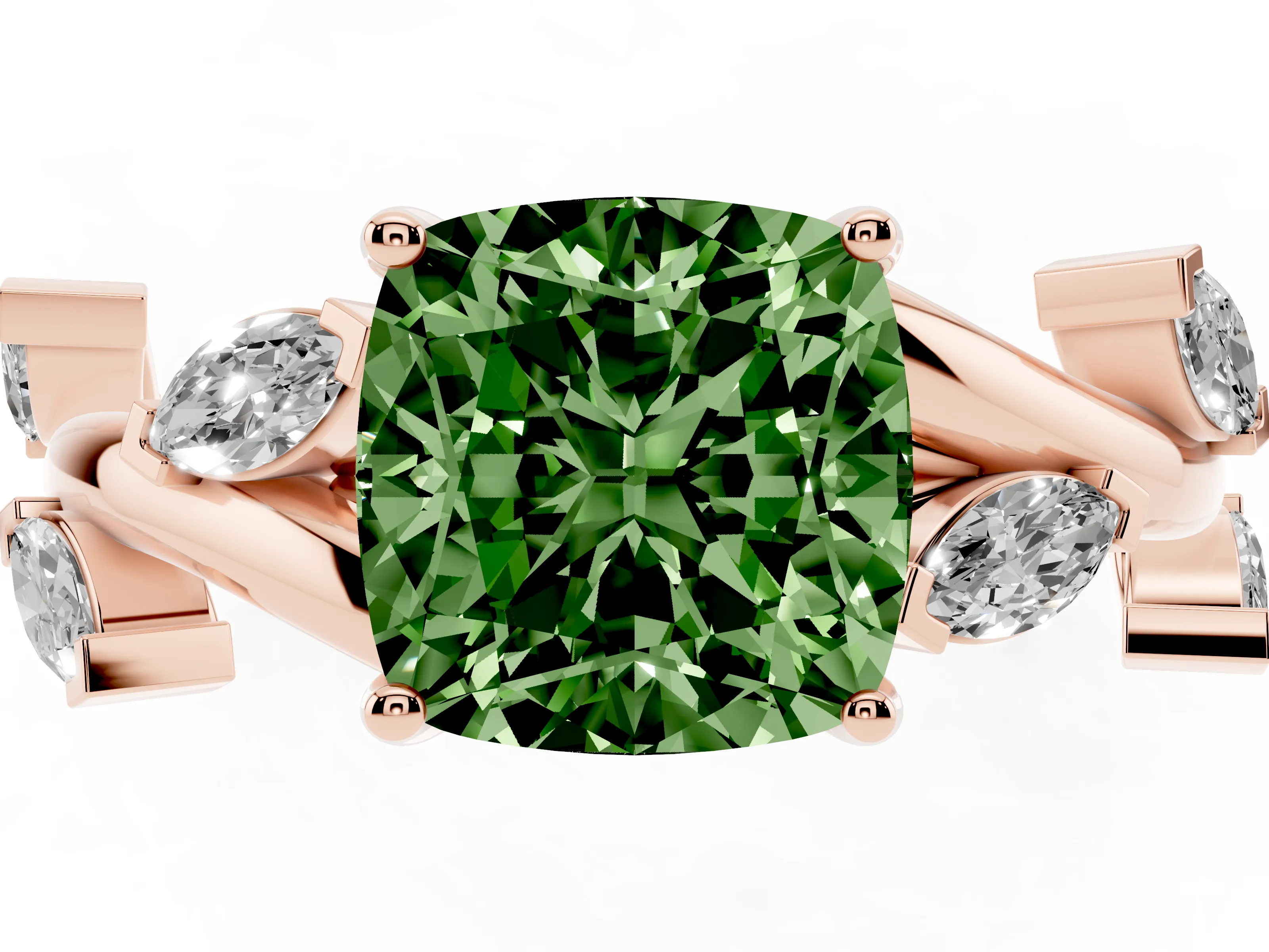 Fancy Green Cushion Cut Diamond Solitaire Ring Set in Rose gold with Twisted Marquise Accent Band