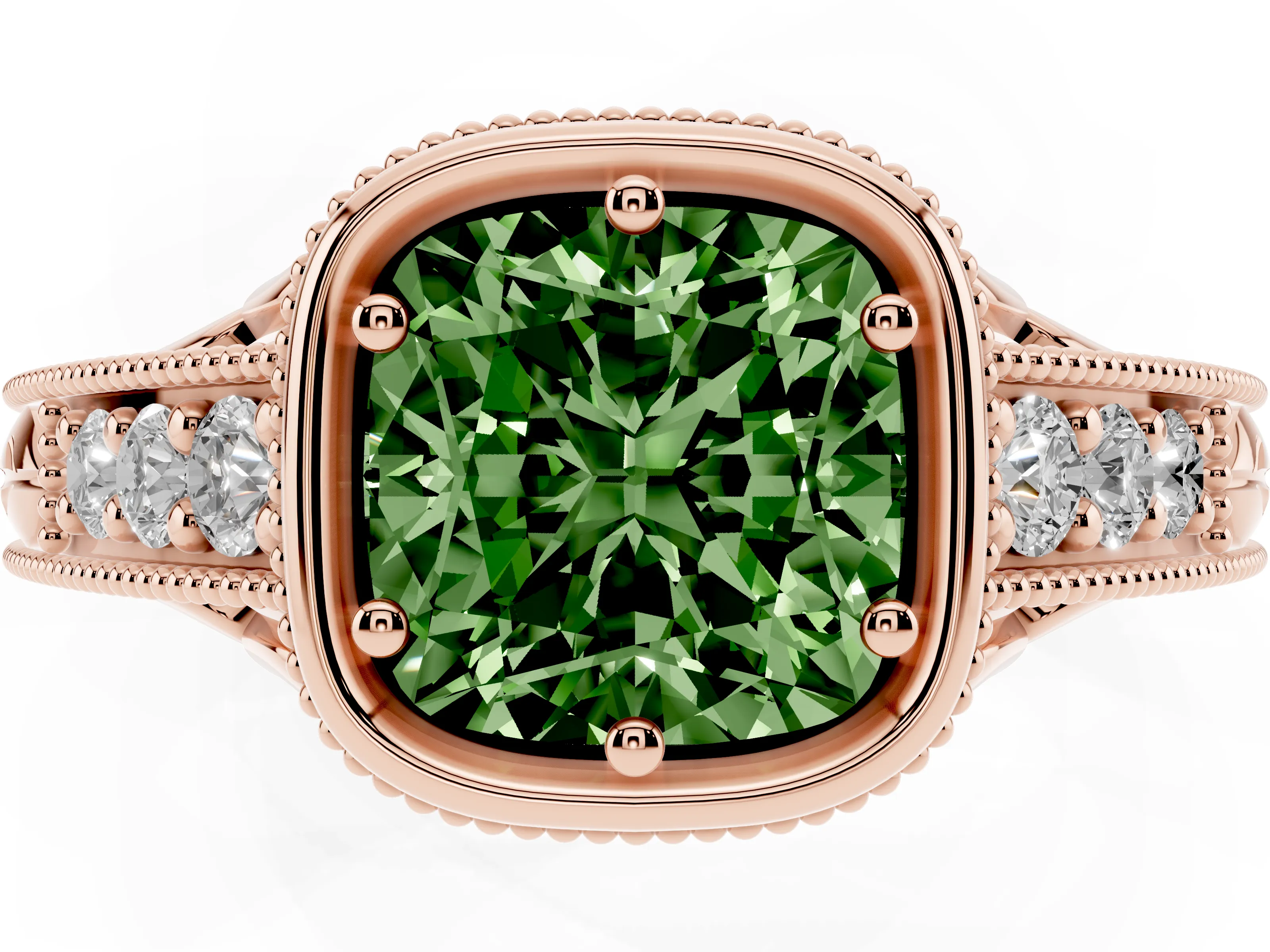 Fancy Green Bezel Set Cushion Cut Diamond Milgrain Pavé Engagement Ring Set in Rose gold