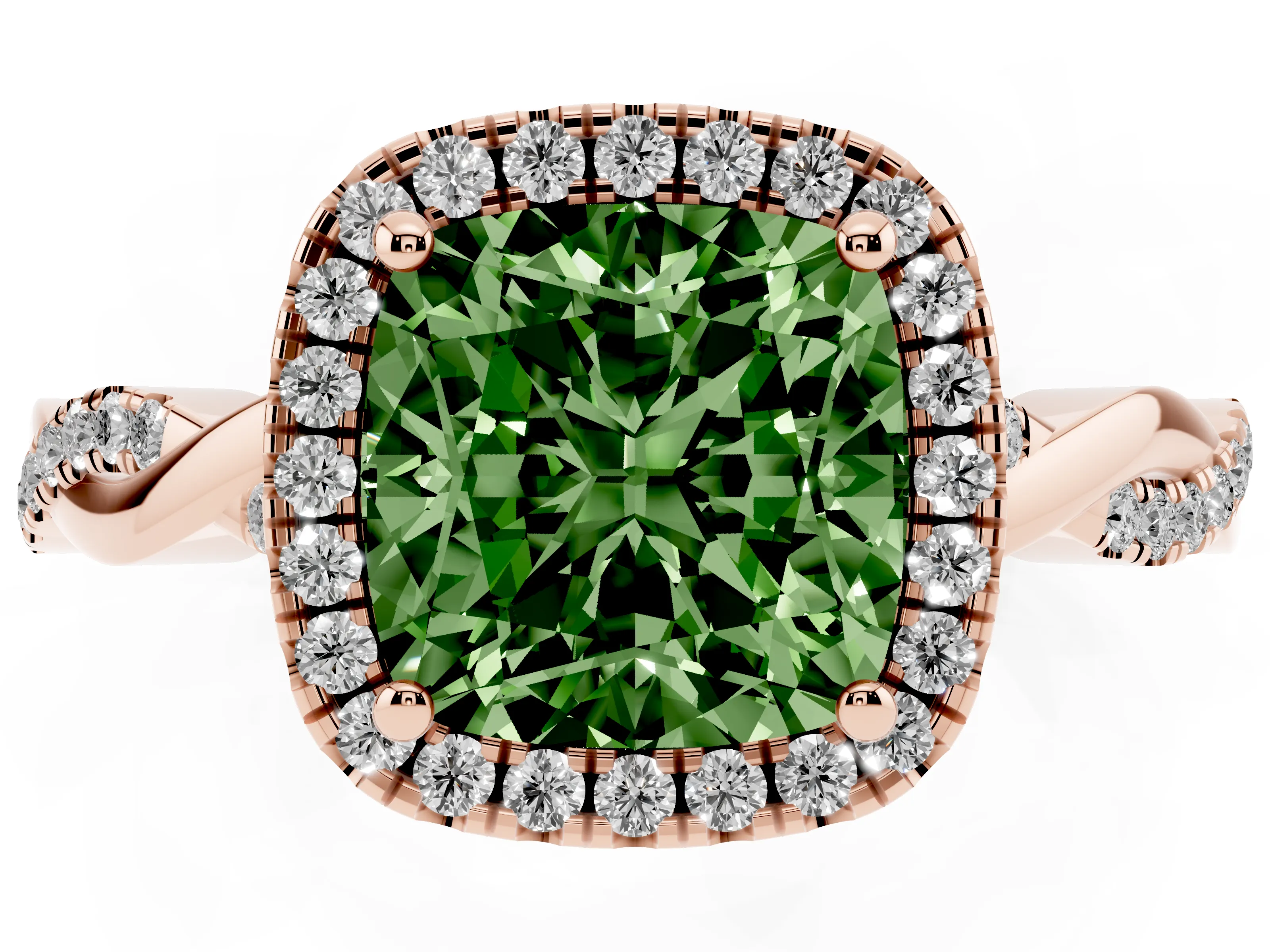 Fancy Green Cushion Cut Diamond Halo Twisted Band Ring Set in Rose gold with Prong Setting