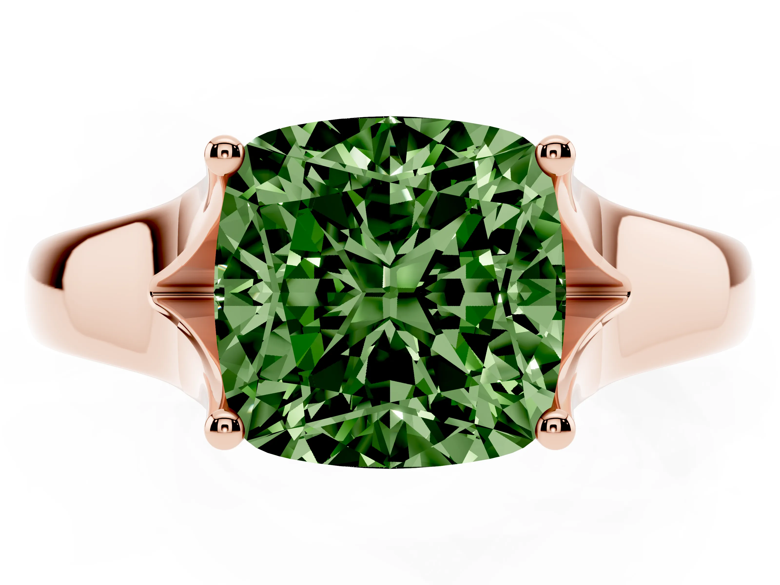 Fancy Green Cushion Cut Diamond Solitaire Ring Set in Rose gold with Arched Cathedral Band and Prong Setting