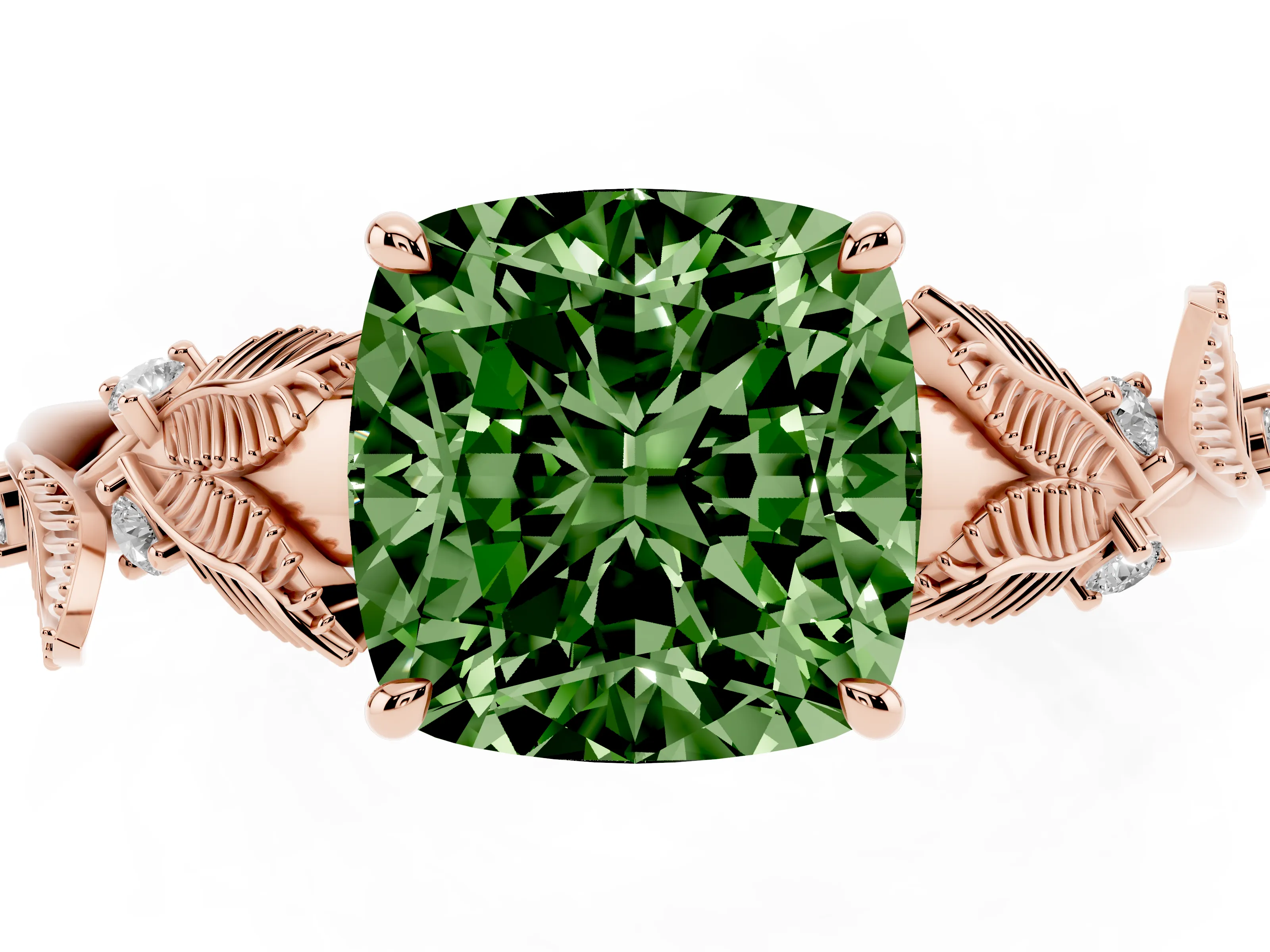 Fancy Green Cushion Cut Diamond Solitaire Ring Set in Rose gold with Leaf Motif Band
