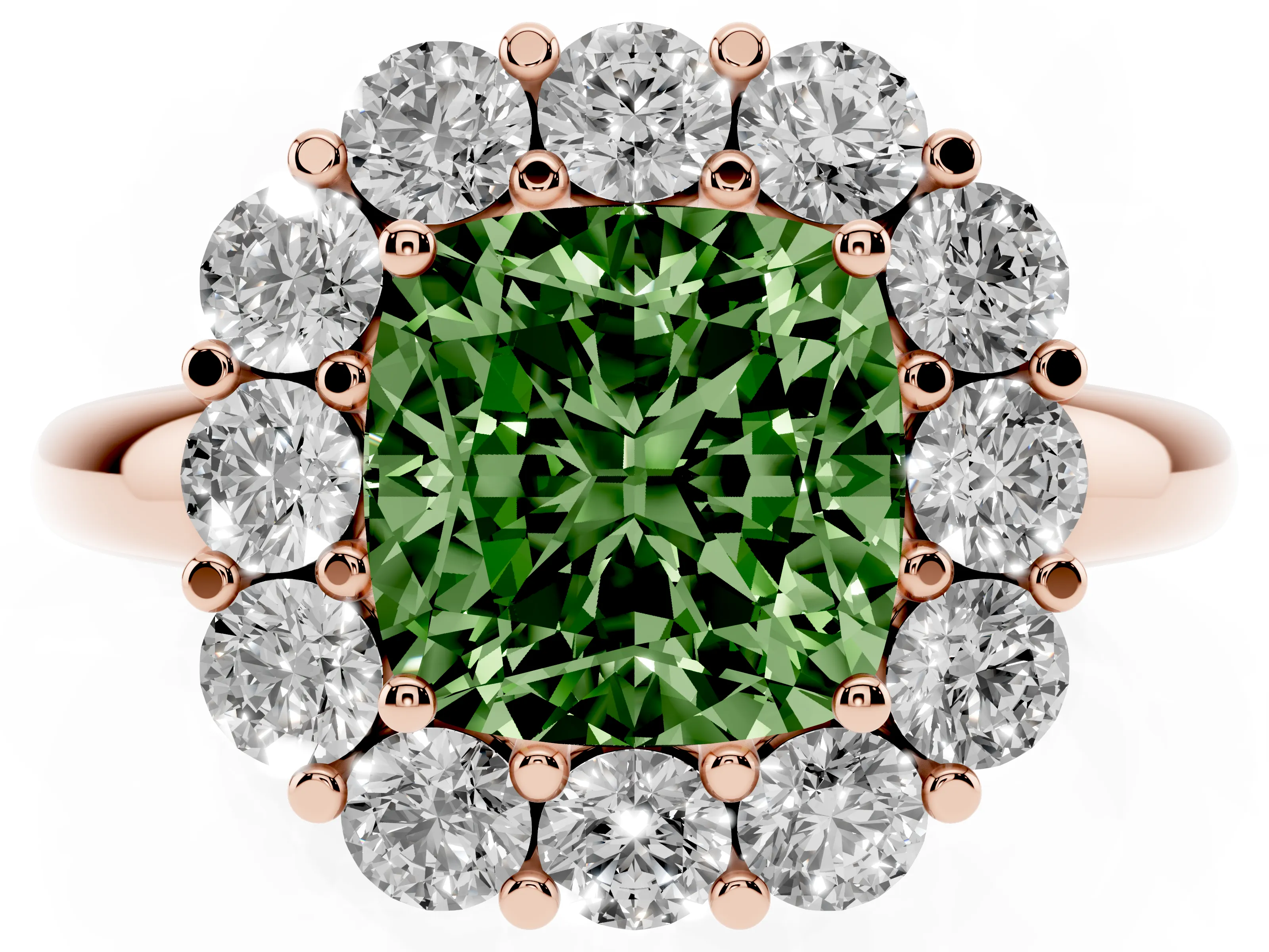 Fancy Green Cushion Cut Diamond Halo Cluster Engagement Ring Set in Rose gold with Polished Band and Prong Setting
