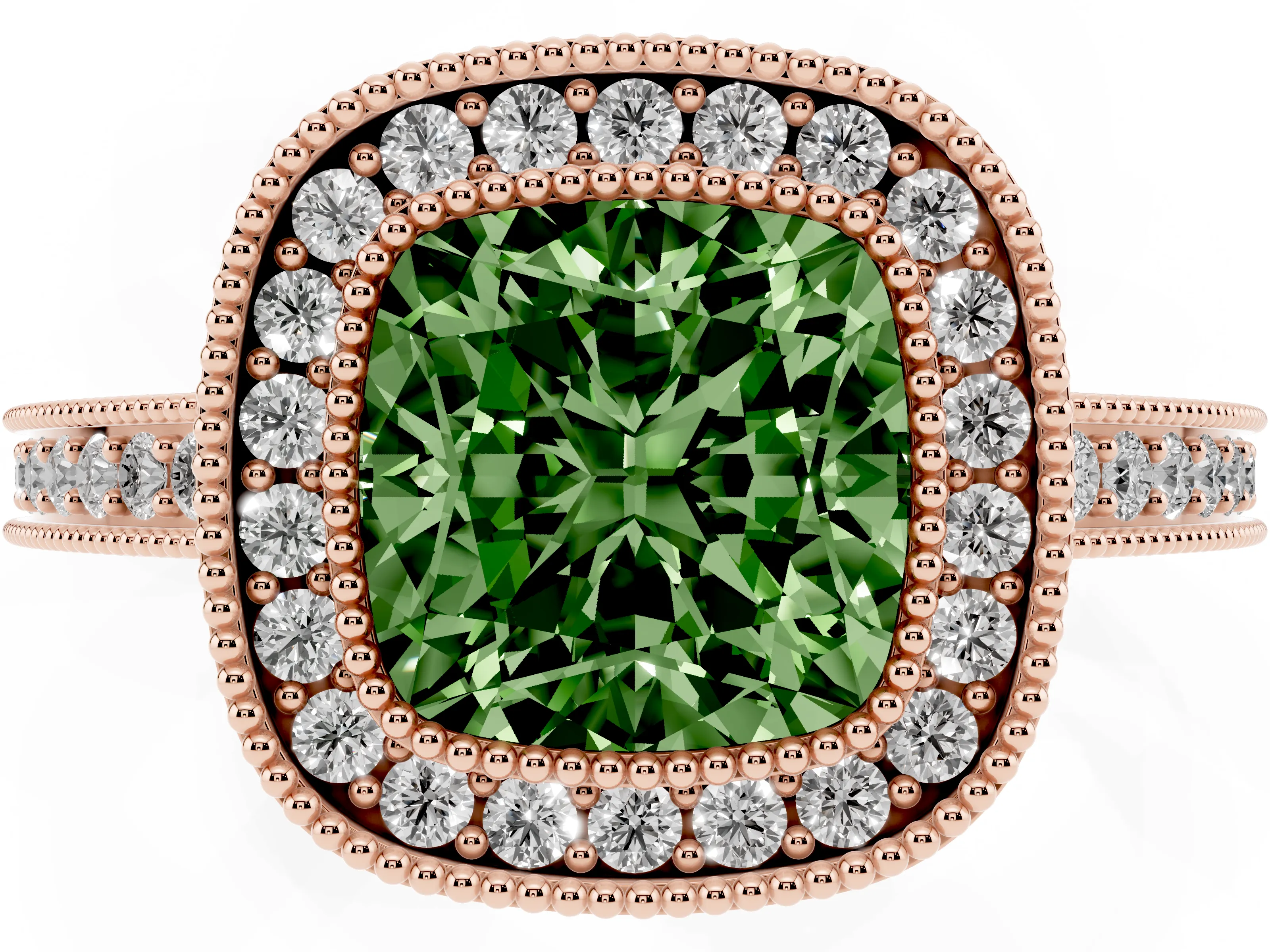 Fancy Green Cushion Cut Diamond Round Halo Ring Set in Rose gold with Pavé Band