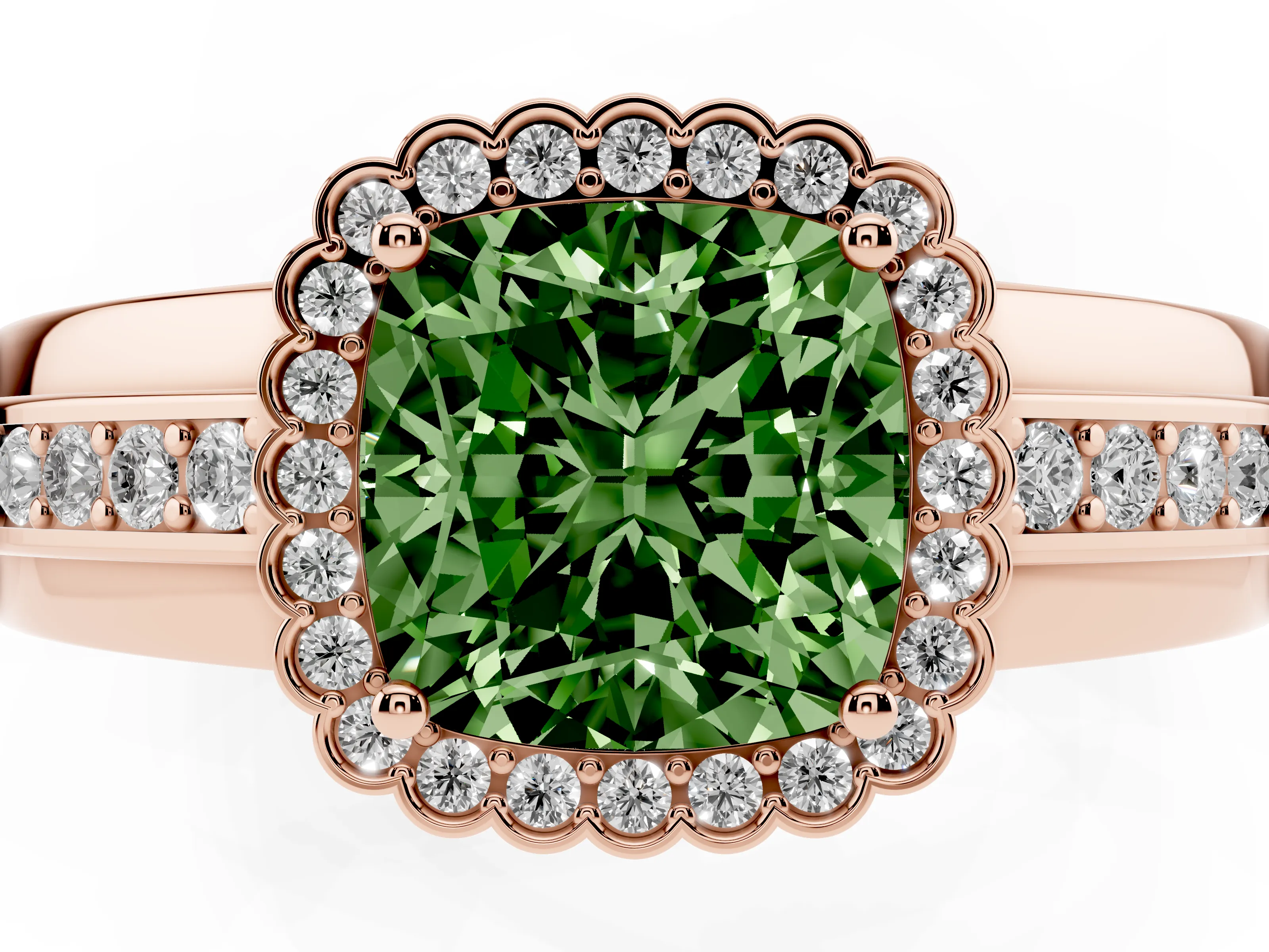 Fancy Green Cushion Cut Diamond Halo Prong Ring Set in Rose gold with Pavé Band