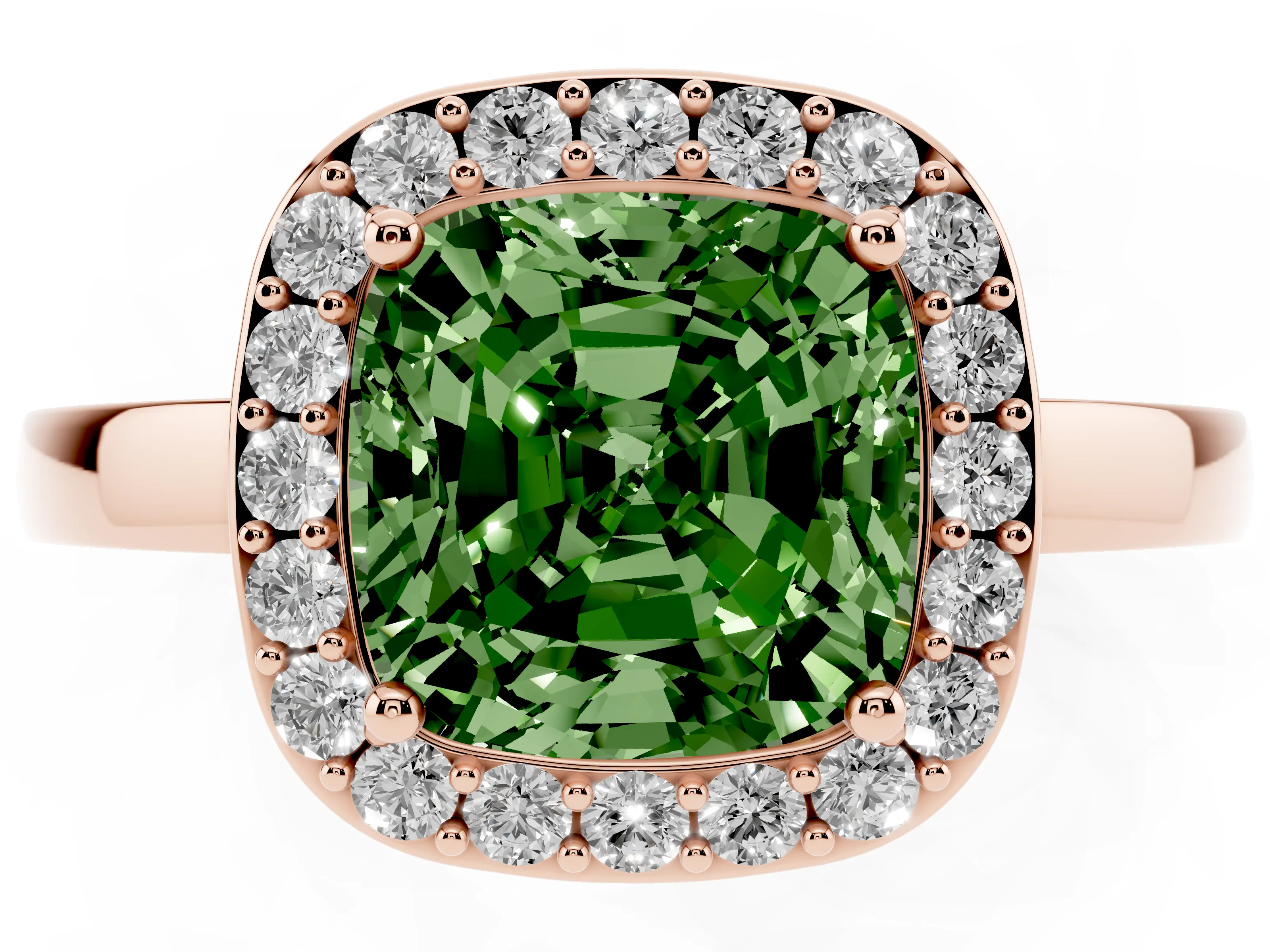 Fancy Green Cushion Cut Diamond Halo Ring Set in Rose gold with Solitaire Band and Prong Setting