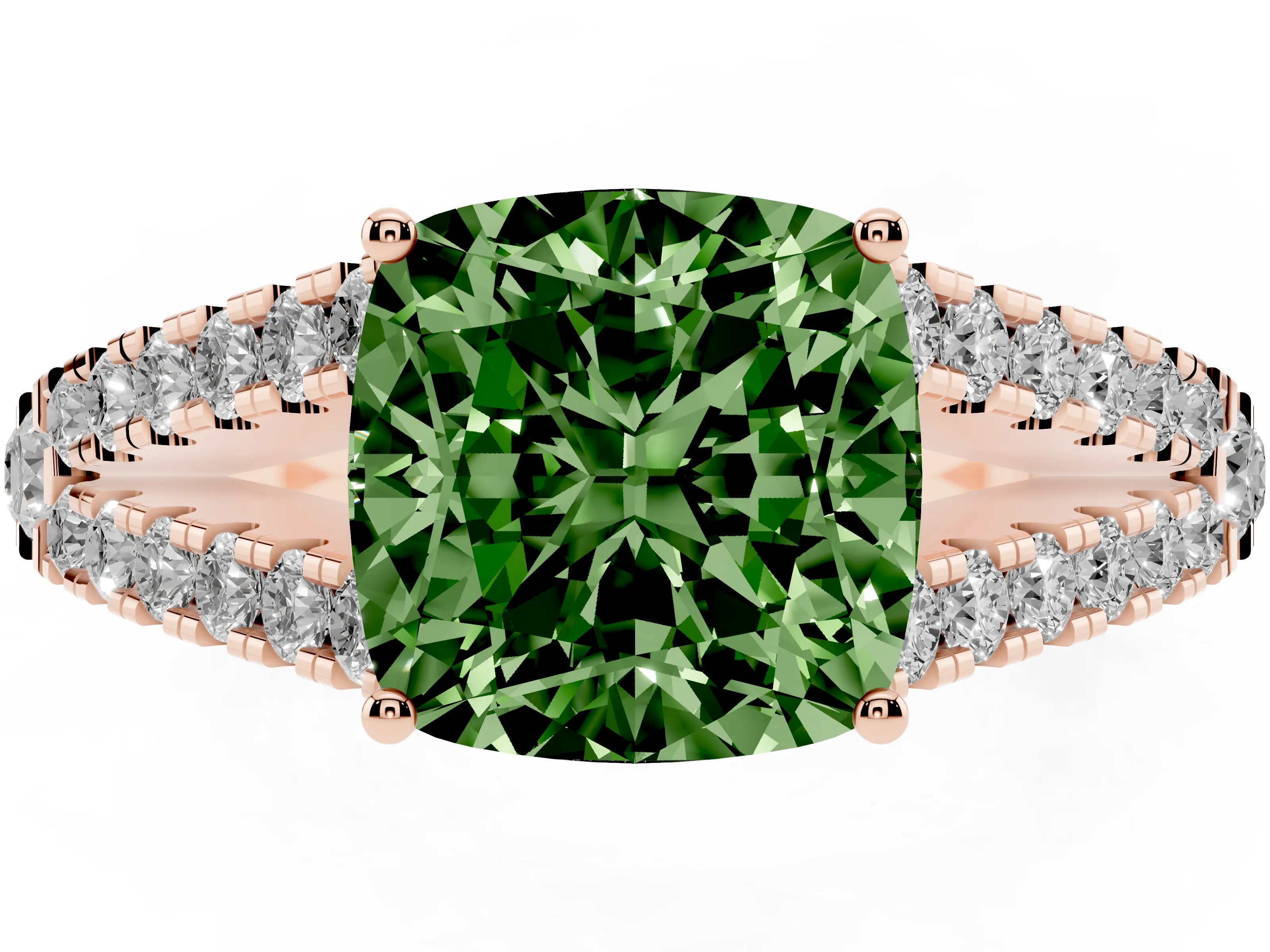 Fancy Green Cushion Cut Diamond Split Shank Pavé Engagement Ring Set in Rose gold with Prong-Held Center Stone