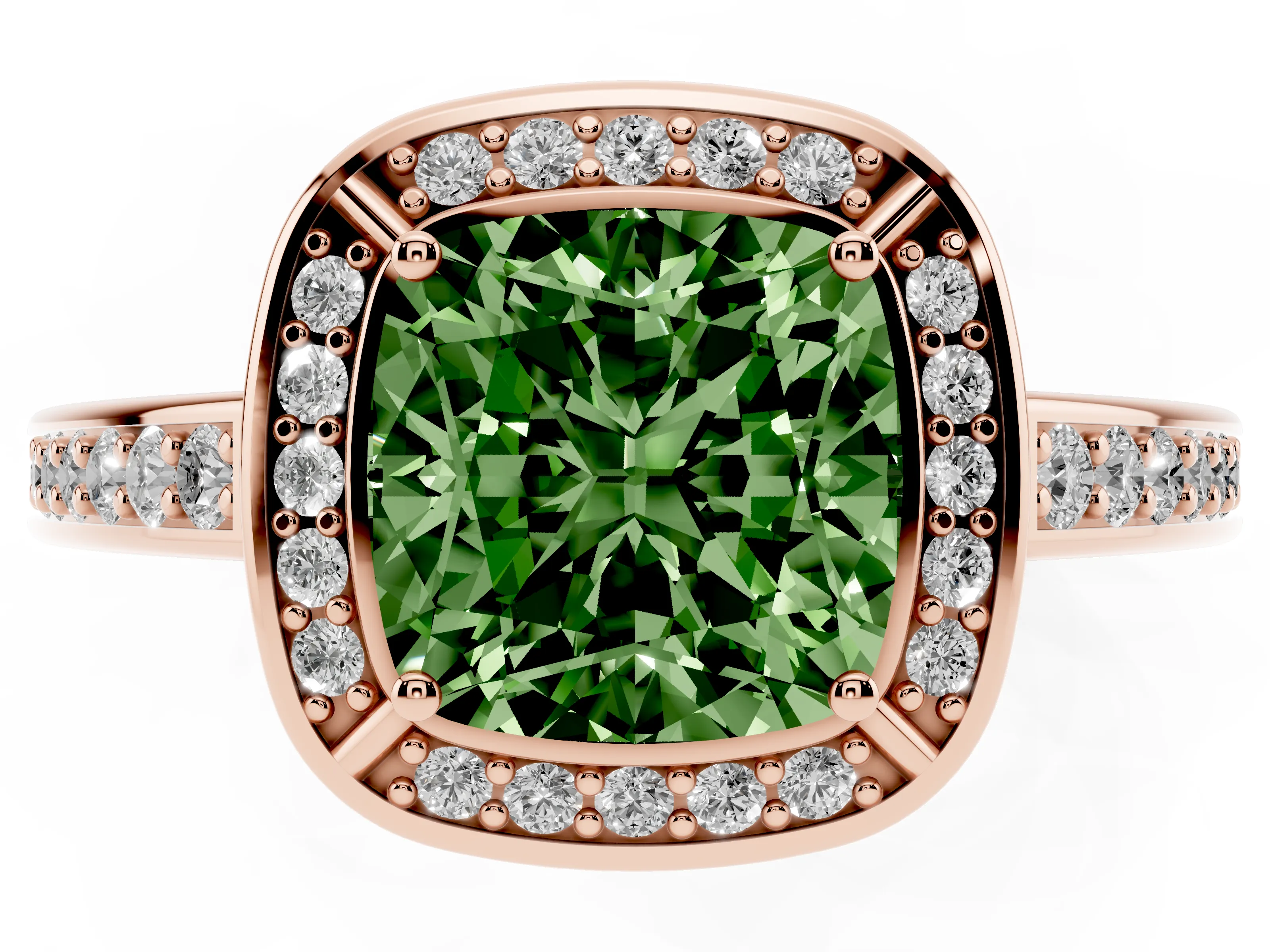 Fancy Green Cushion Cut Diamond Halo Pavé Split Shank Ring Set in Rose gold with Prong Setting