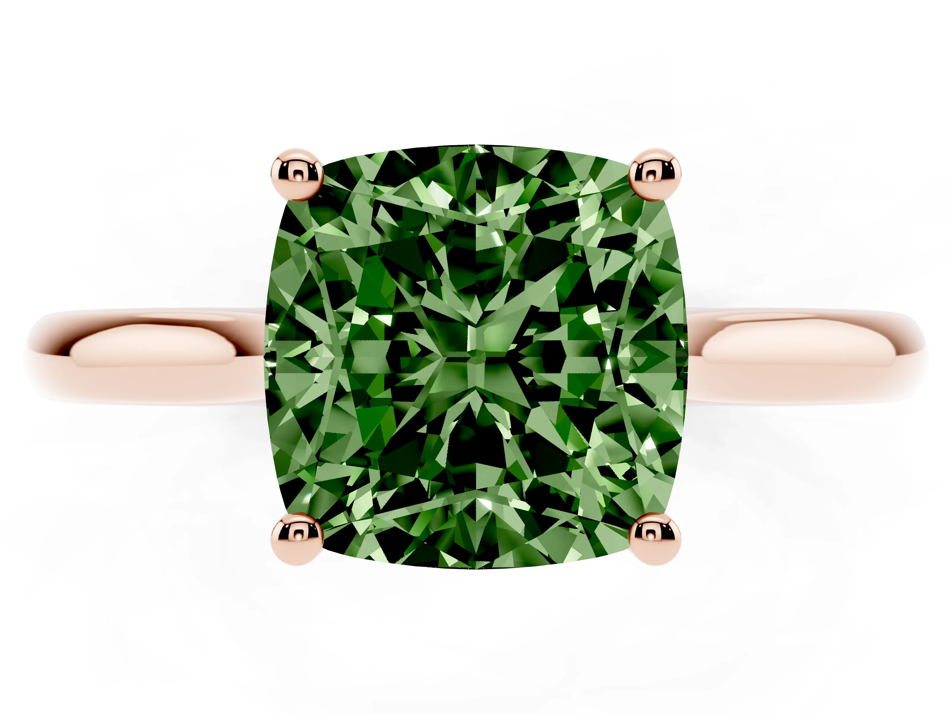 Fancy Green Cushion Cut Diamond Solitaire Ring Set in Rose gold with Cathedral Band and Prong Setting