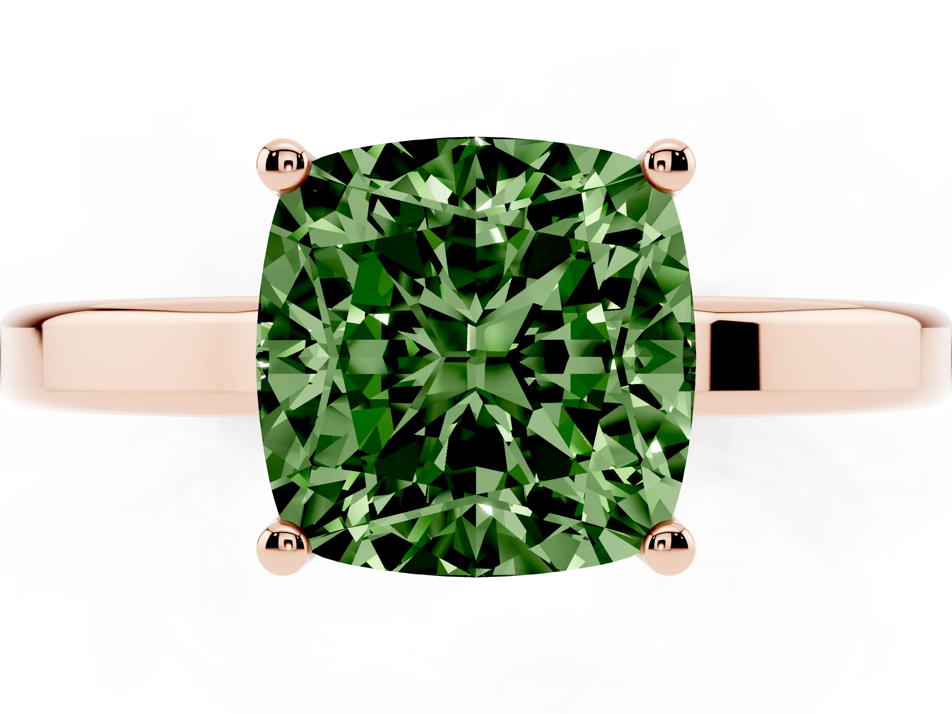 Fancy Green Cushion Cut Diamond Solitaire Engagement Ring Set in Rose gold with Prong Setting on a Plain Band