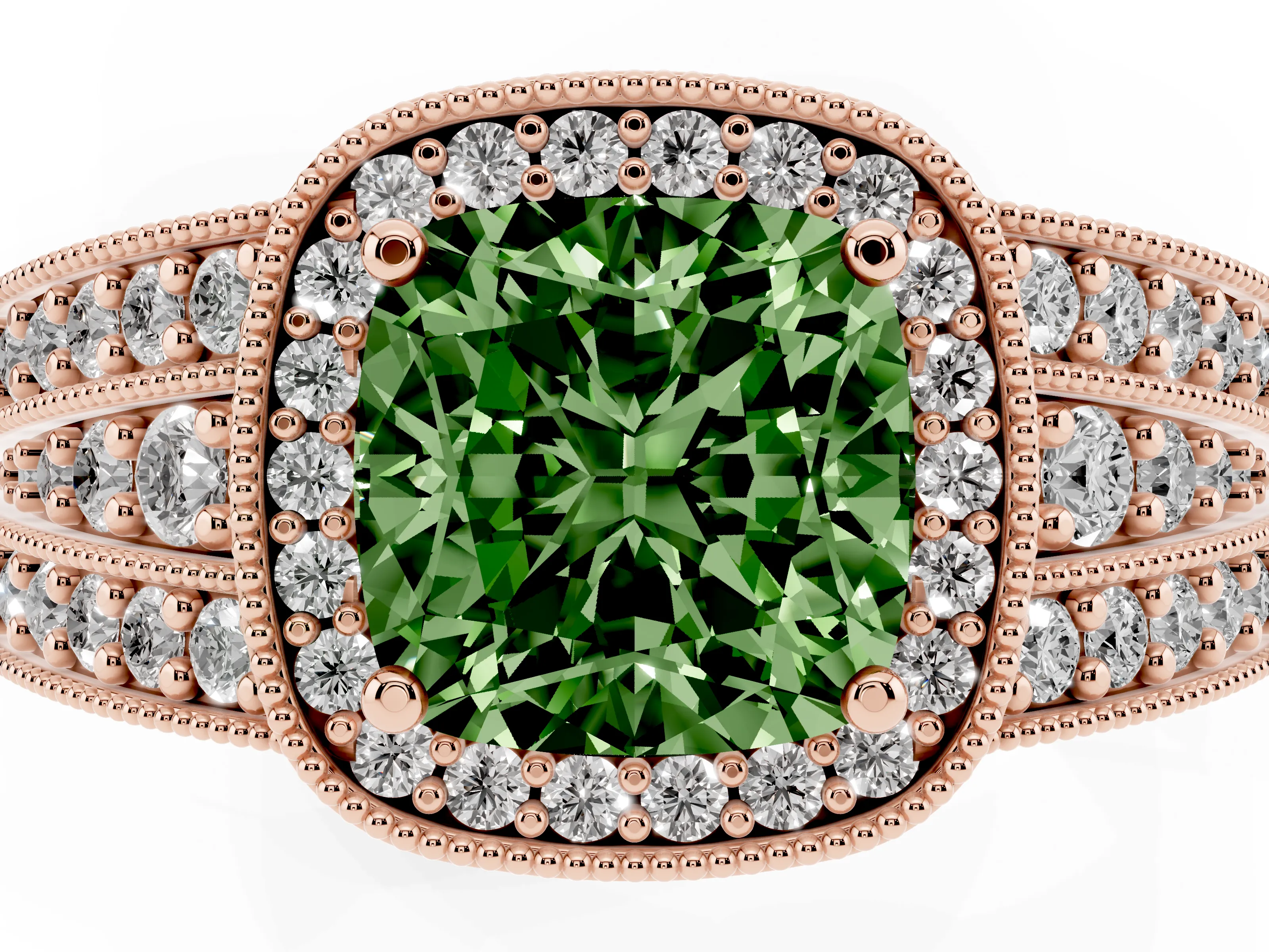 Fancy Green Cushion Cut Diamond Halo Ring Set in Rose gold with Accent Split Shank and Prong Setting