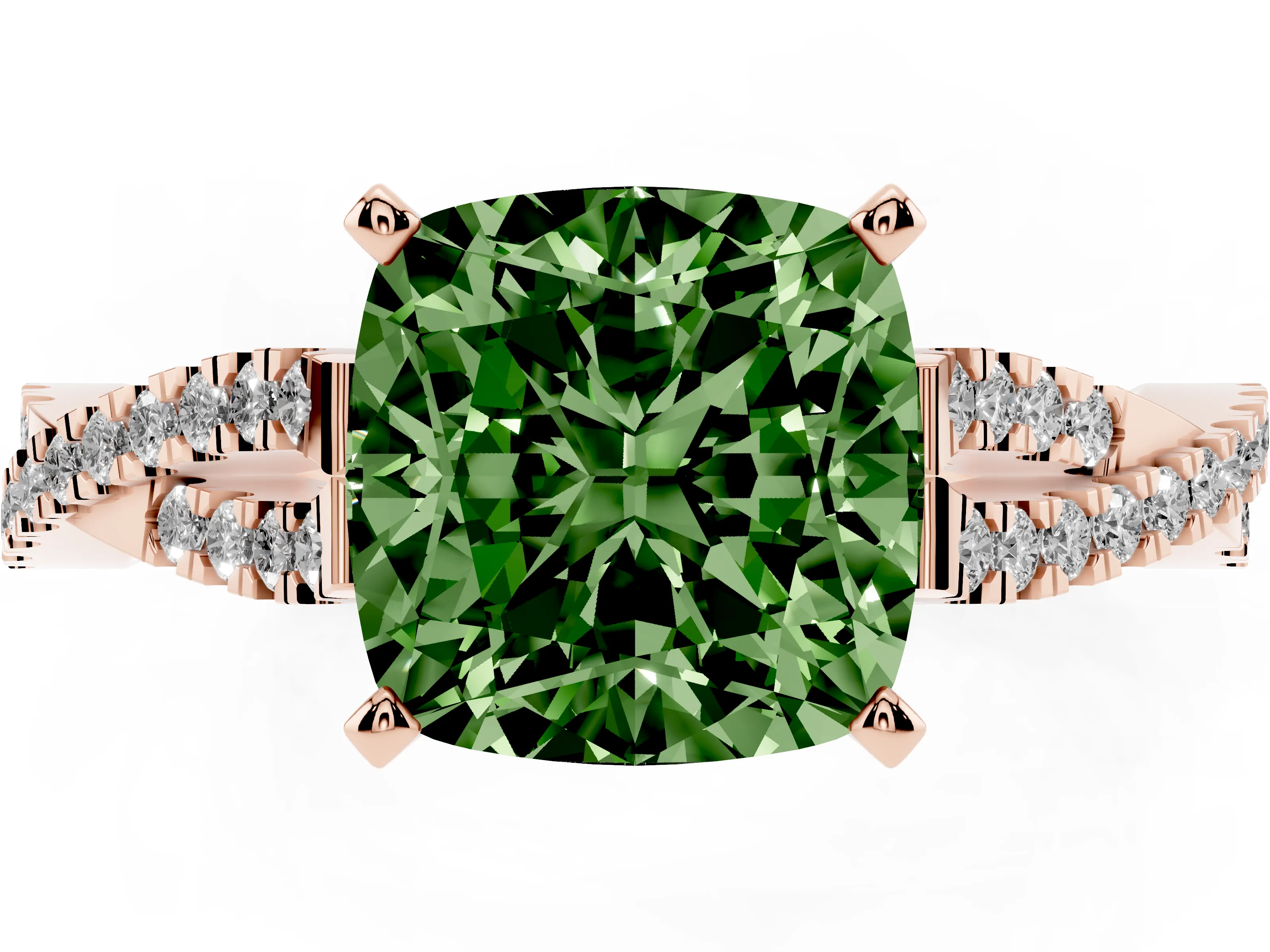 Fancy Green Cushion Cut Diamond Solitaire Engagement Ring Set in Rose gold with Twisted Pavé Band and Prong Setting