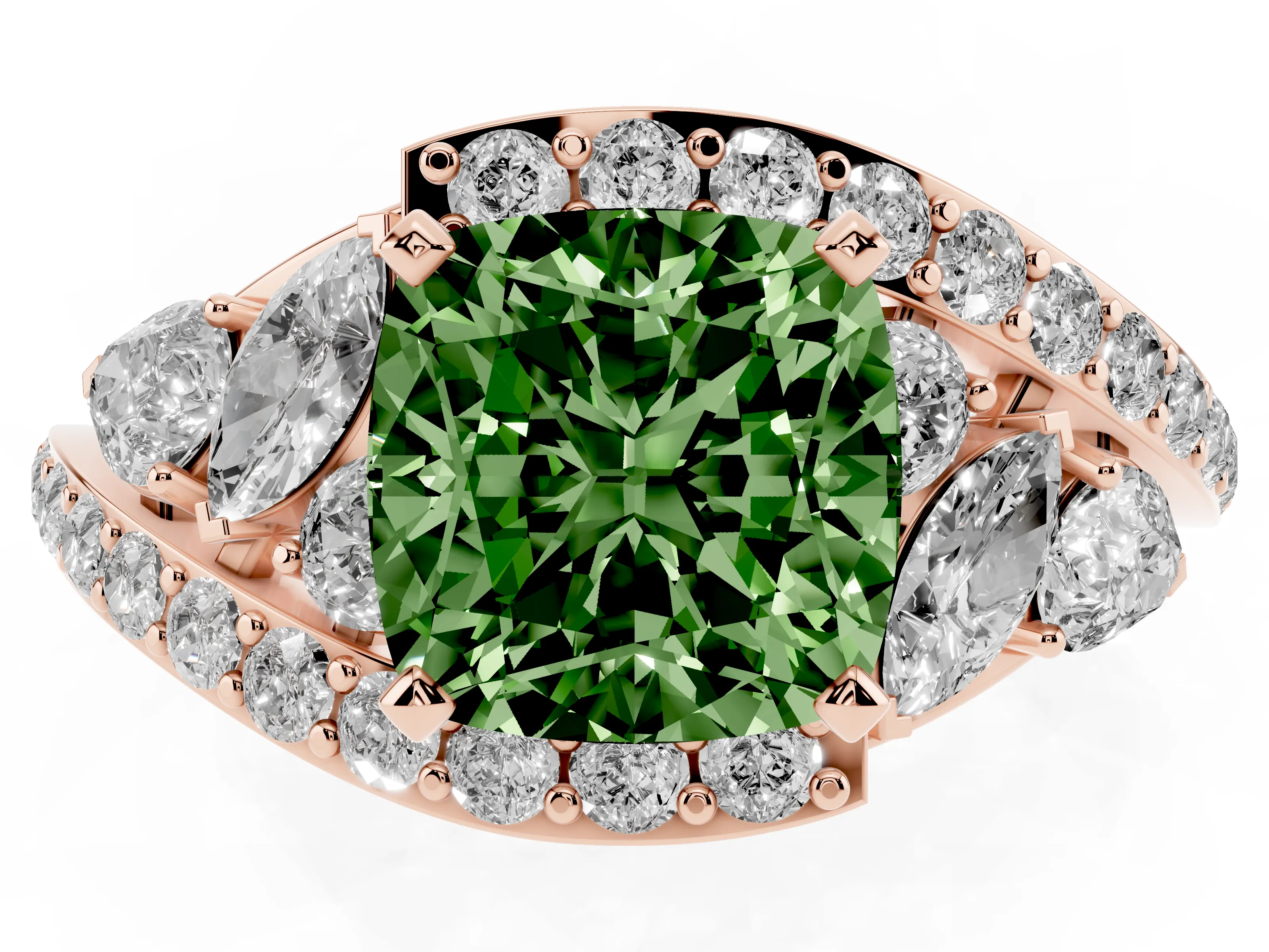 Fancy Green Cushion Cut Diamond Halo Ring Set in Rose gold with Marquise and Pavé Band in Prong Setting