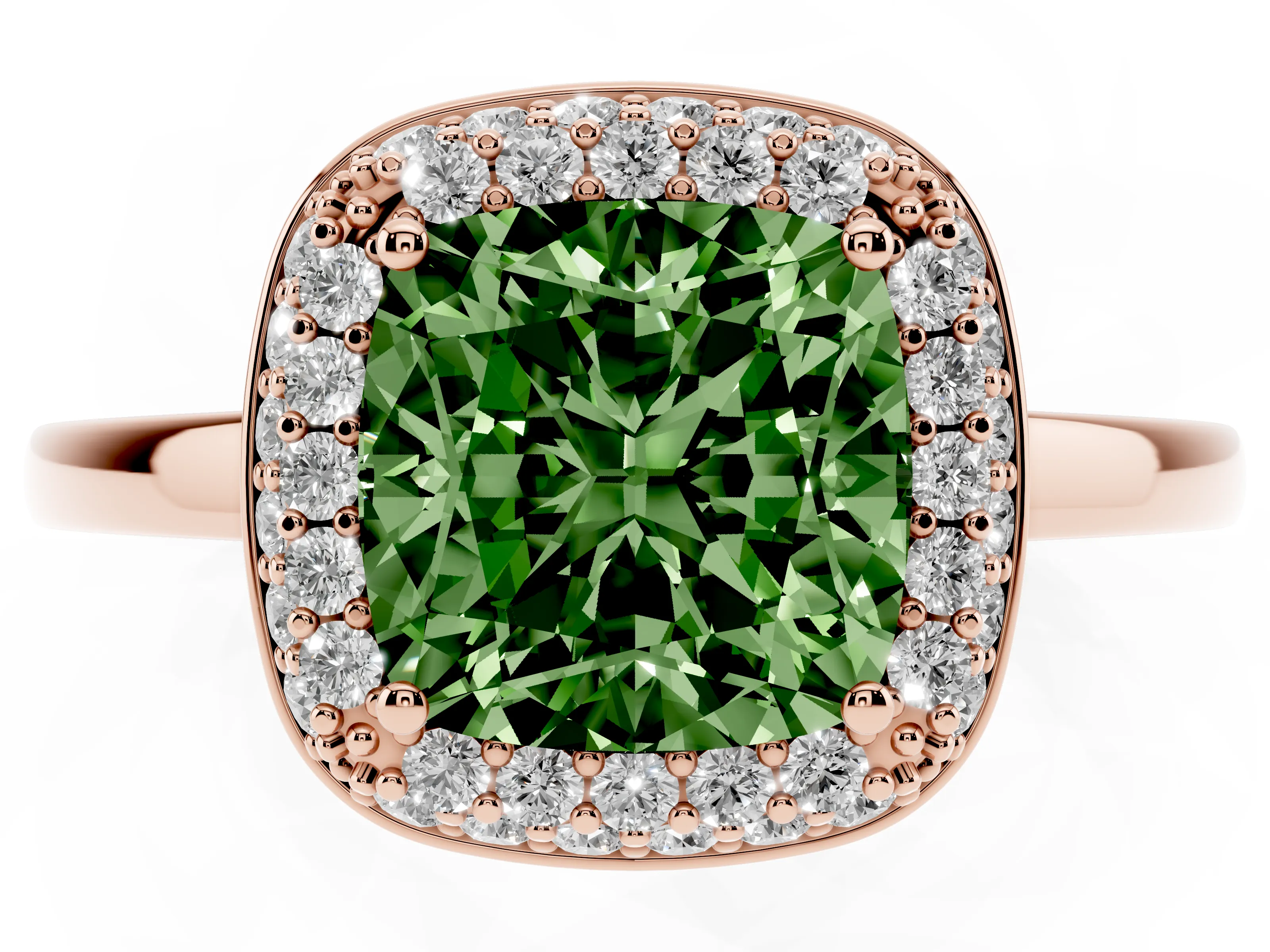 Fancy Green Cushion Cut Diamond Halo Engagement Ring Set in Rose gold with Solitaire Band and Prong Setting