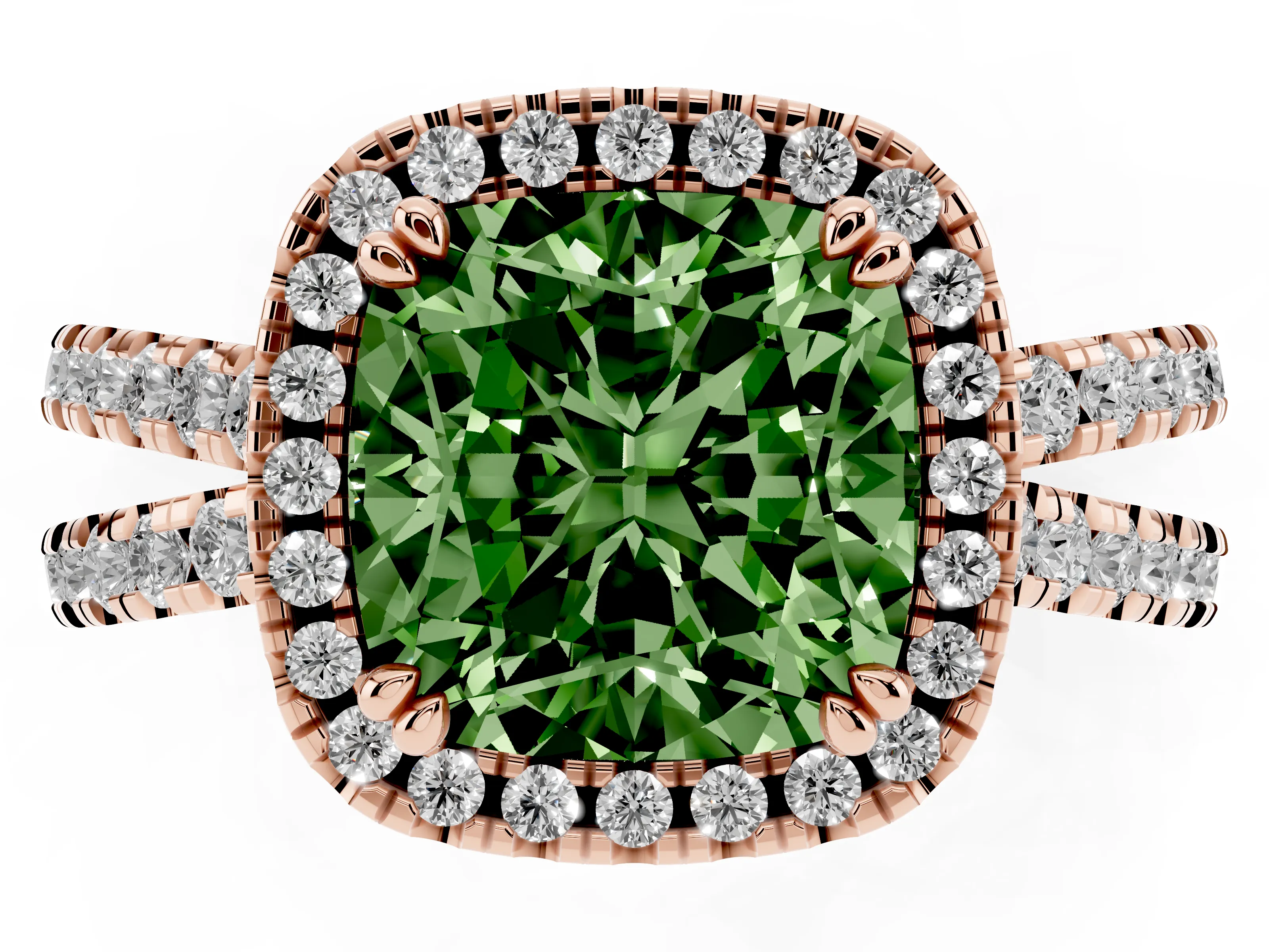 Fancy Green Cushion Cut Diamond Halo Split Shank Ring Set in Rose gold with Pavé Setting