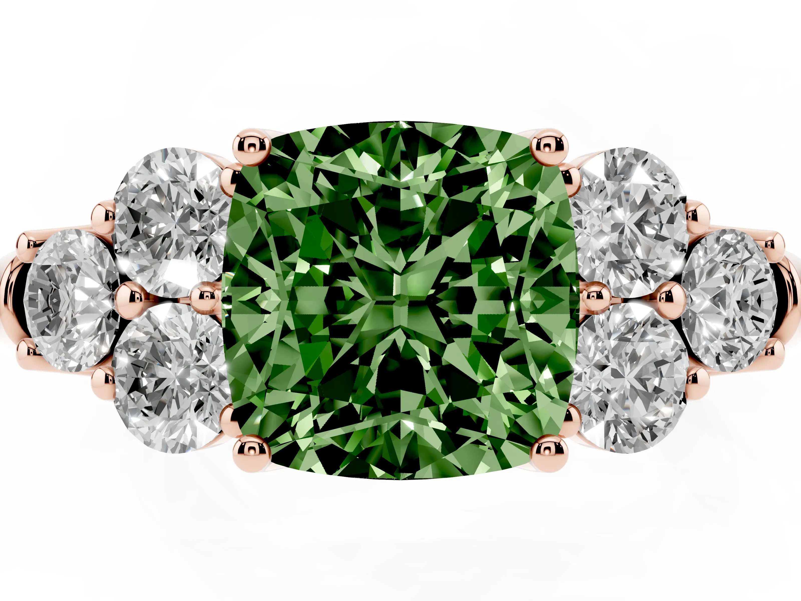 Fancy Green Cushion Cut Diamond Cluster Ring Set in Rose gold with Round Accent Stones and Prong Setting on a Plain Band