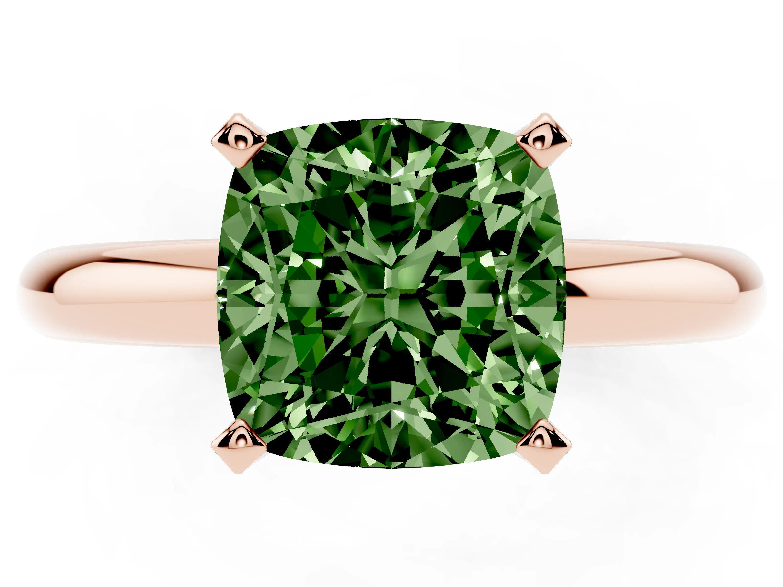 Fancy Green Cushion Cut Diamond Solitaire Engagement Ring Set in Rose gold with Round Band and Prong Setting