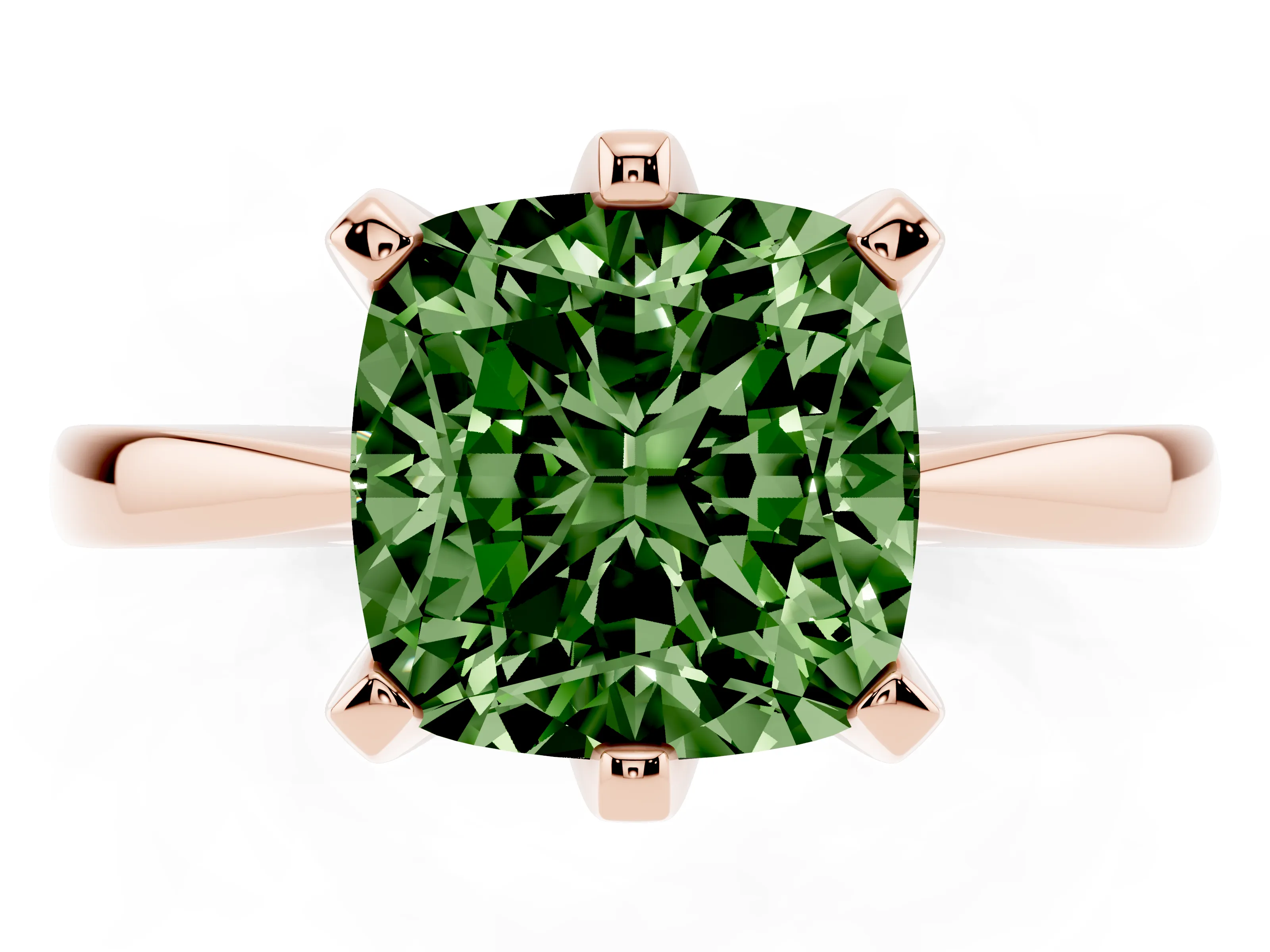 Fancy Green Cushion Cut Diamond Solitaire Engagement Ring Set in Rose gold with Slim Tapered Solitaire Band