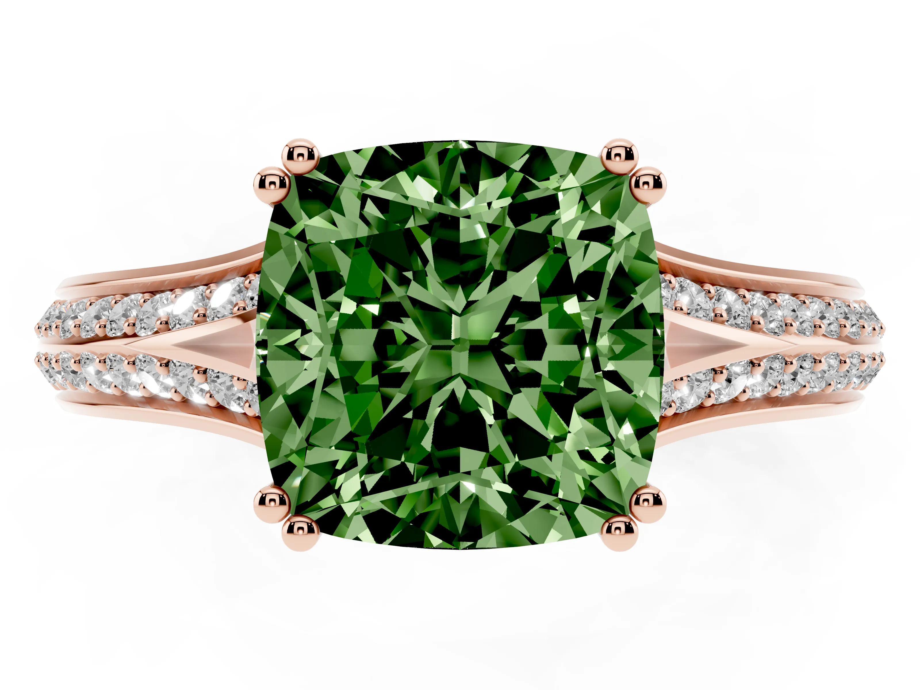 Fancy Green Cushion Cut Diamond Split Shank Pavé Engagement Ring Set in Rose gold with Prong-Set Center Stone