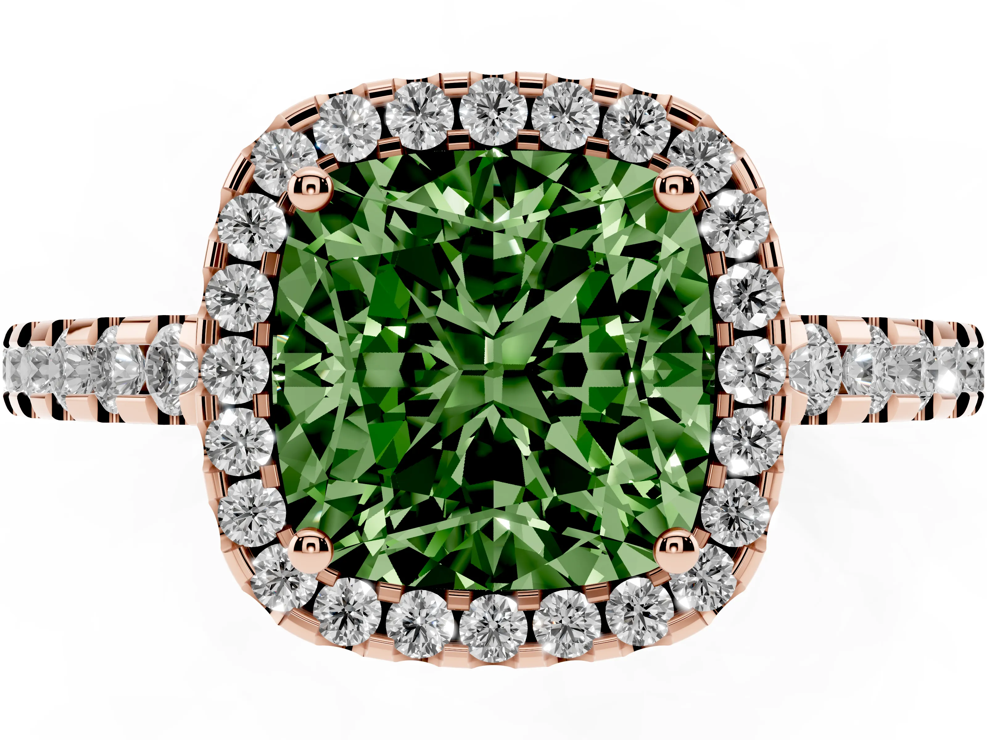 Fancy Green Cushion Cut Diamond Halo Ring Set in Rose gold with Pavé Shoulders and Halo-Framed Center