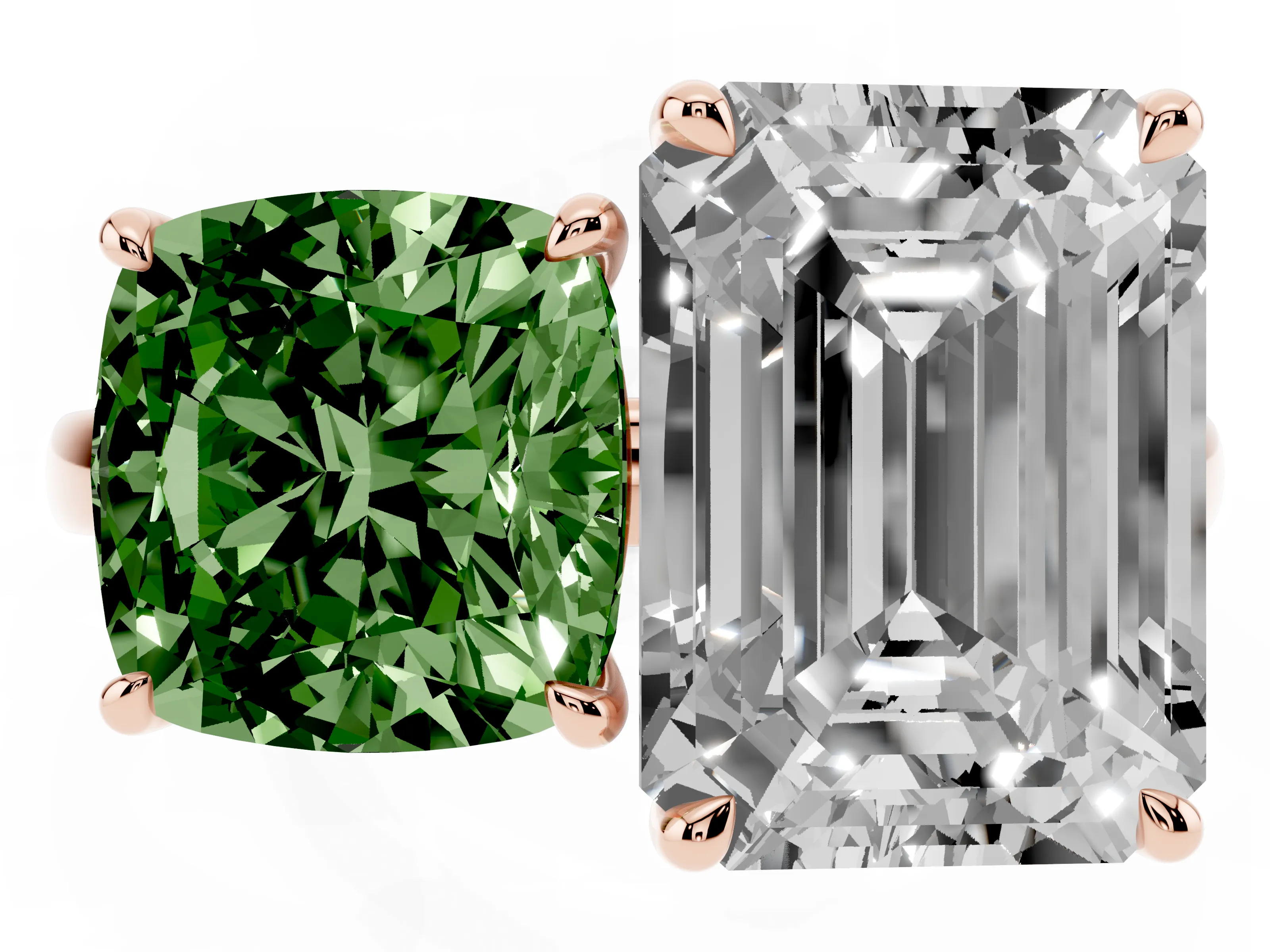 Fancy Green Cushion Cut and Emerald Cut Toi Moi Ring Set in Rose gold with Prong Setting
