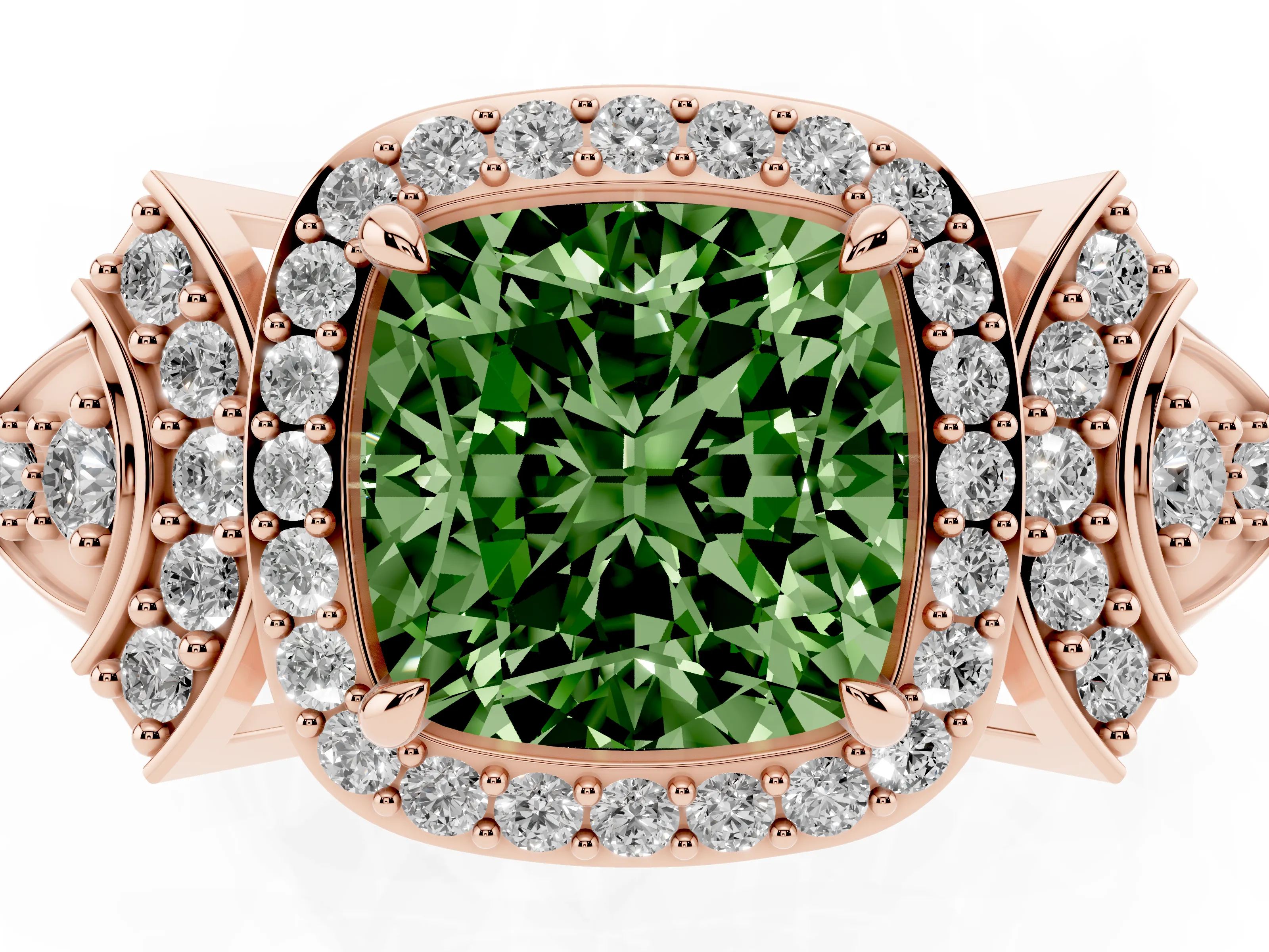 Fancy Green Cushion Cut Diamond Halo Engagement Ring Set in Rose gold with Accent Stone Split Shank