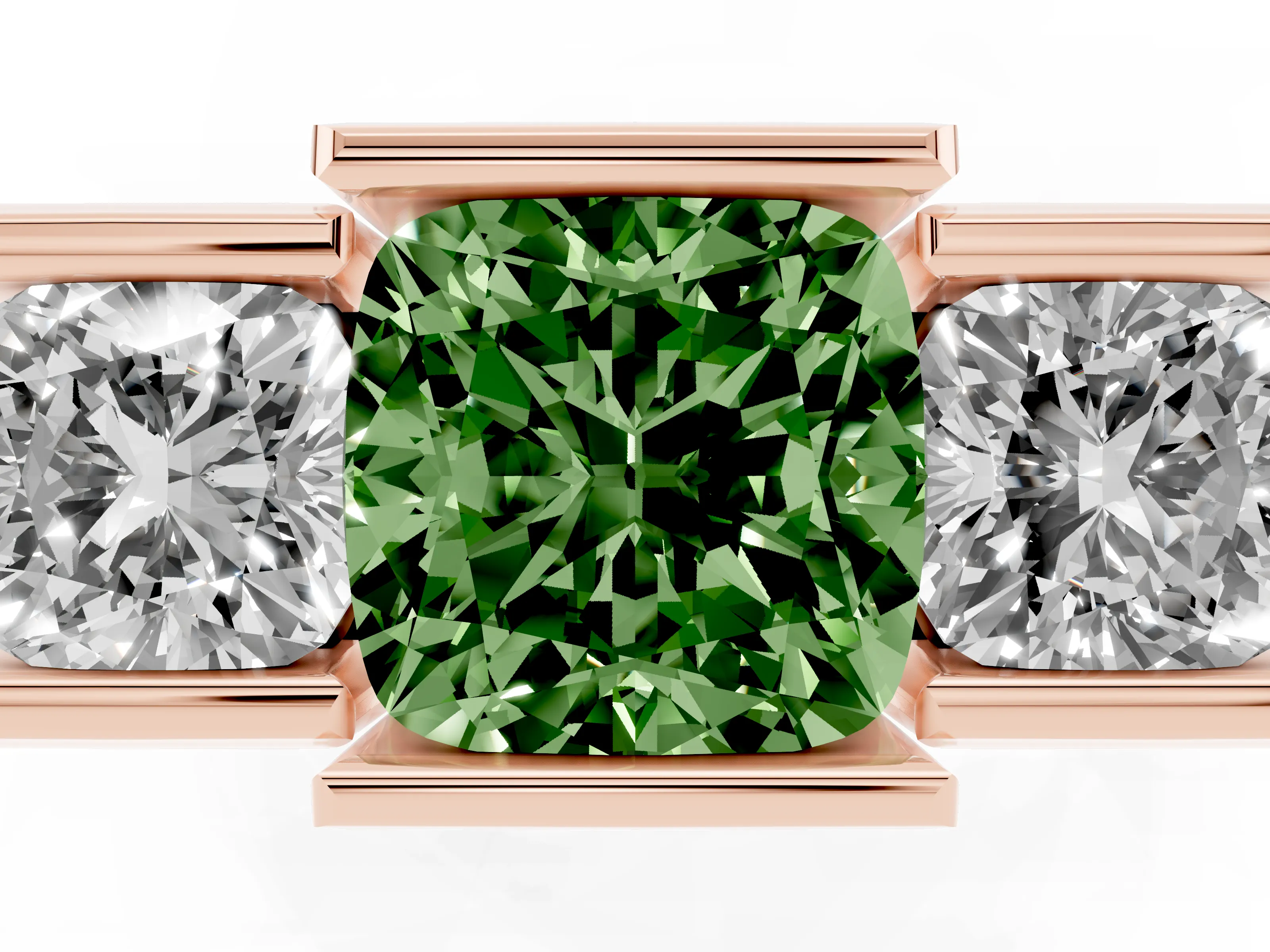 Fancy Green Cushion Cut Diamond Three-Stone Channel Set Ring Set in Rose gold with Smooth Polished Band