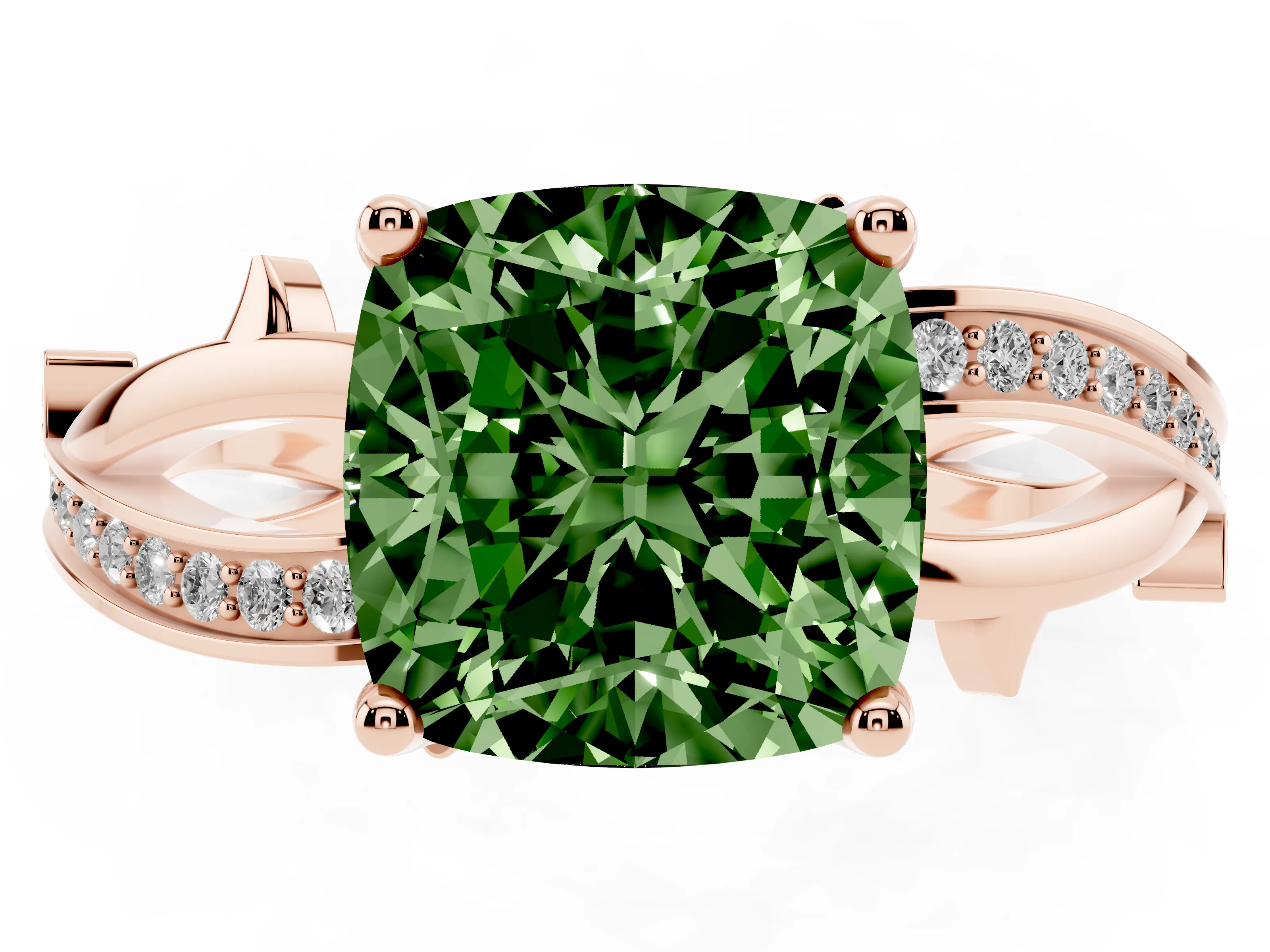 Fancy Green Cushion Cut Diamond Pavé Twist Band Solitaire Ring Set in Rose gold with Prong Setting