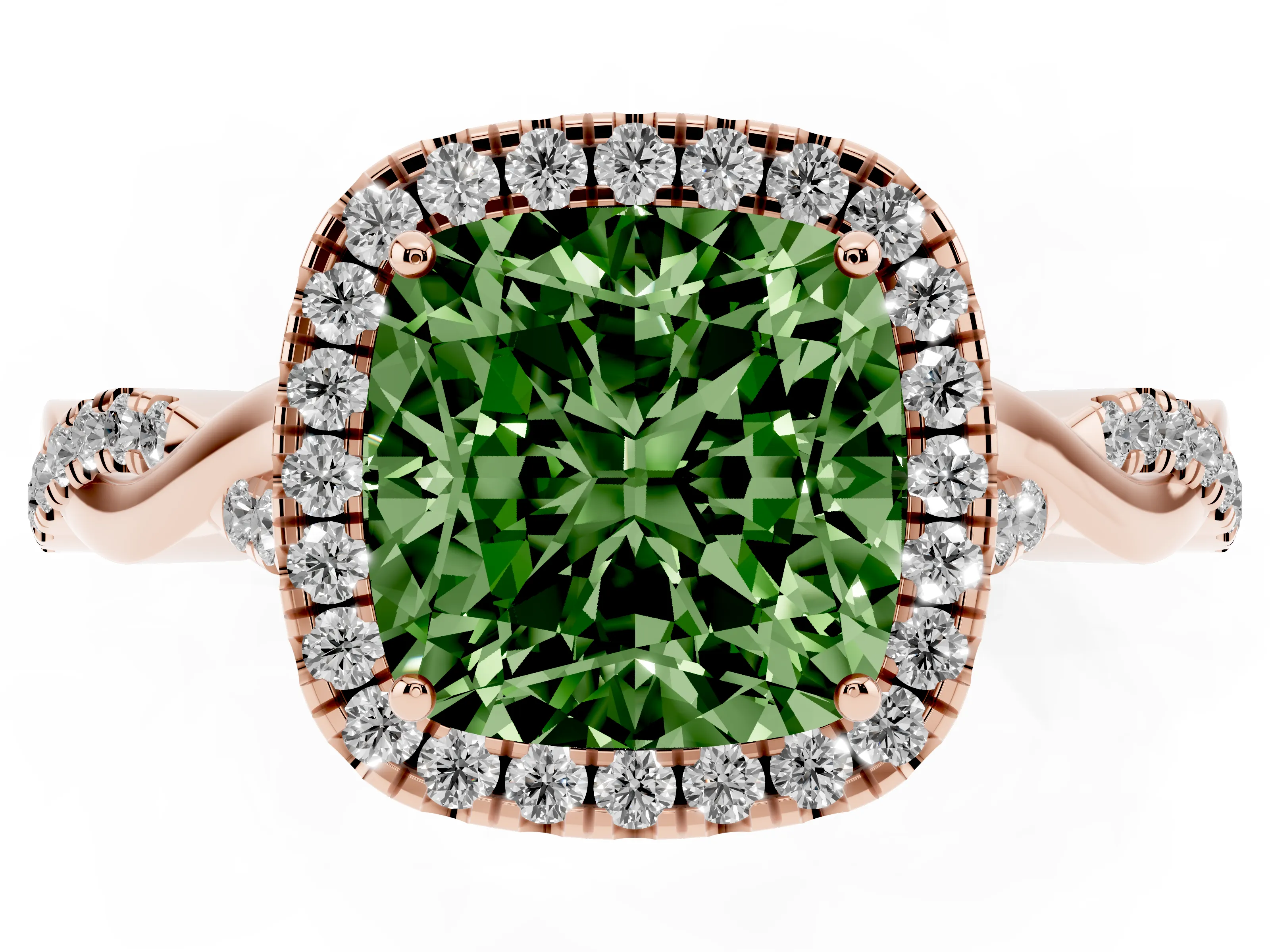 Fancy Green Cushion Cut Diamond Halo Twist Band Solitaire Ring Set in Rose gold with Prong Setting
