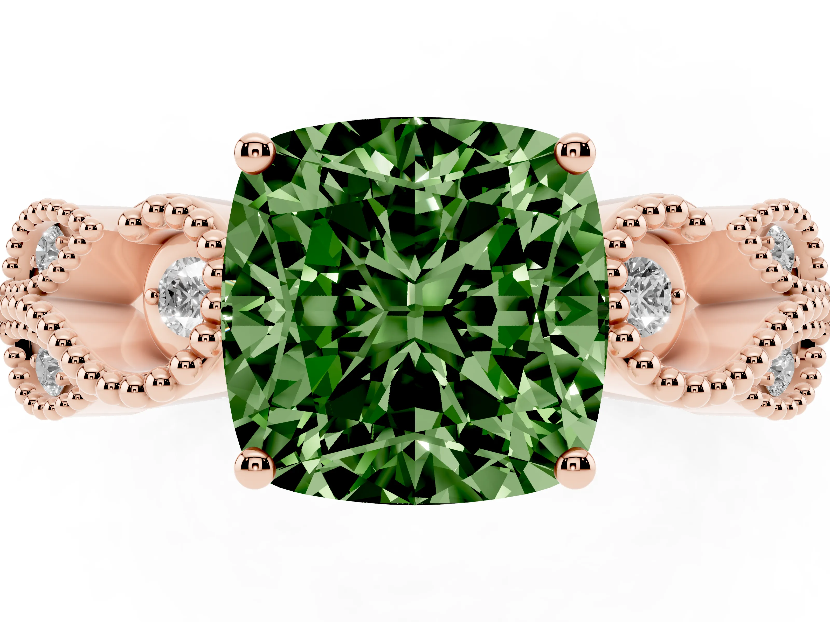 Fancy Green Cushion Cut Diamond Milgrain Leaf Band Solitaire Ring Set in Rose gold with Accent Stones and Prong Setting