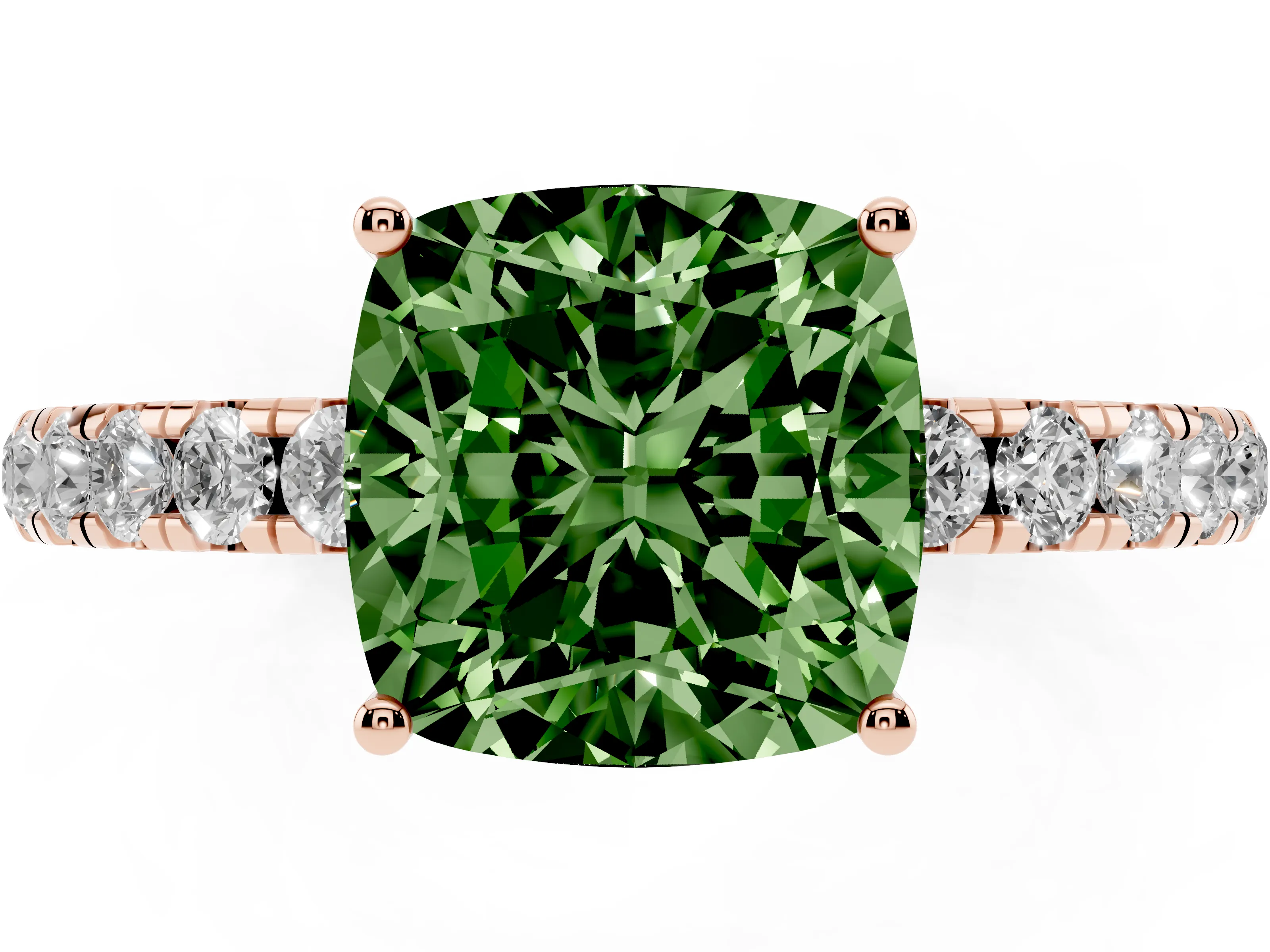 Fancy Green Cushion Cut Diamond Pavé Solitaire Engagement Ring Set in Rose gold with Prong Setting