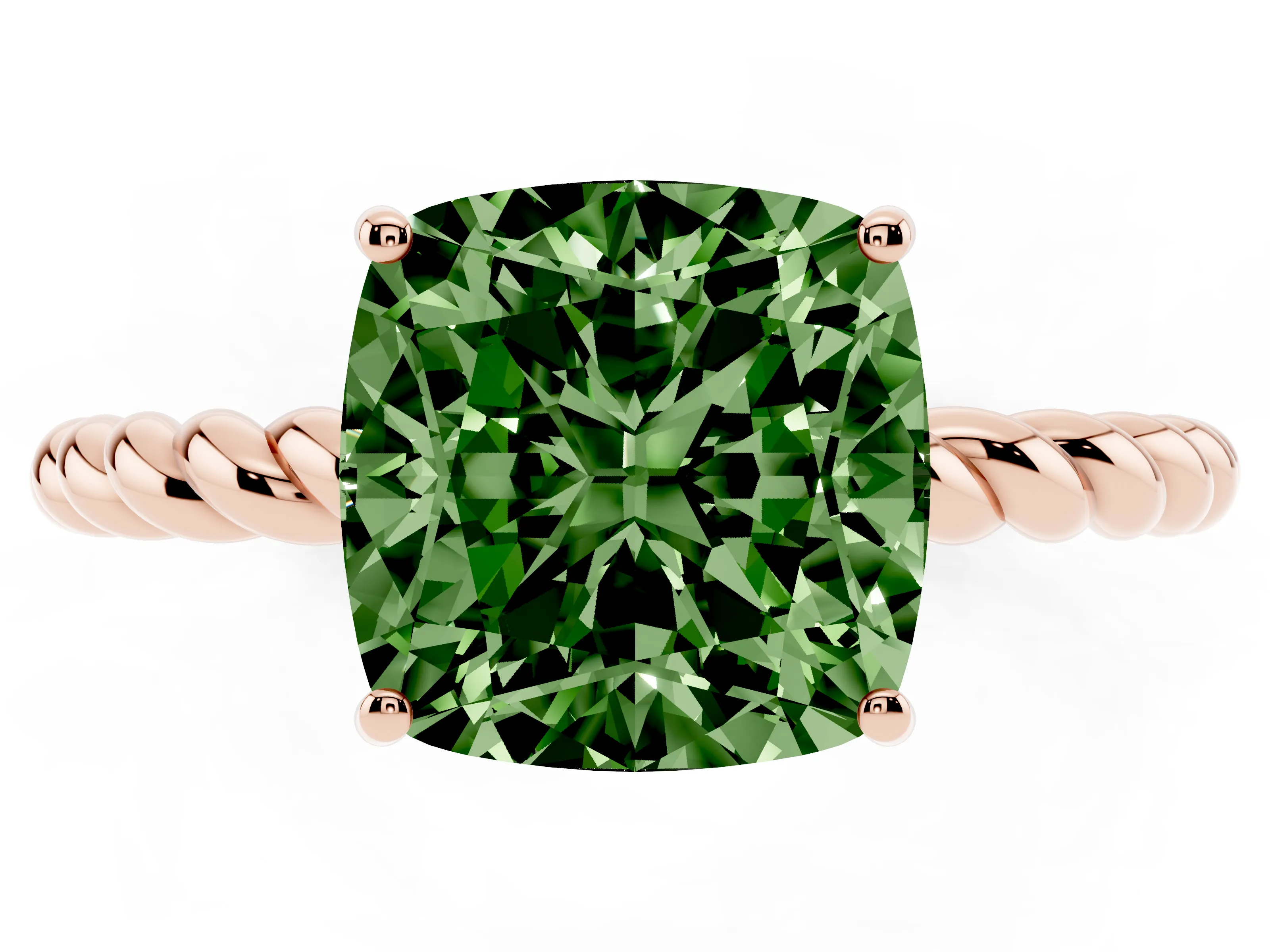 Fancy Green Cushion Cut Diamond Solitaire Ring Set in Rose gold with Twist Band and Prong Setting