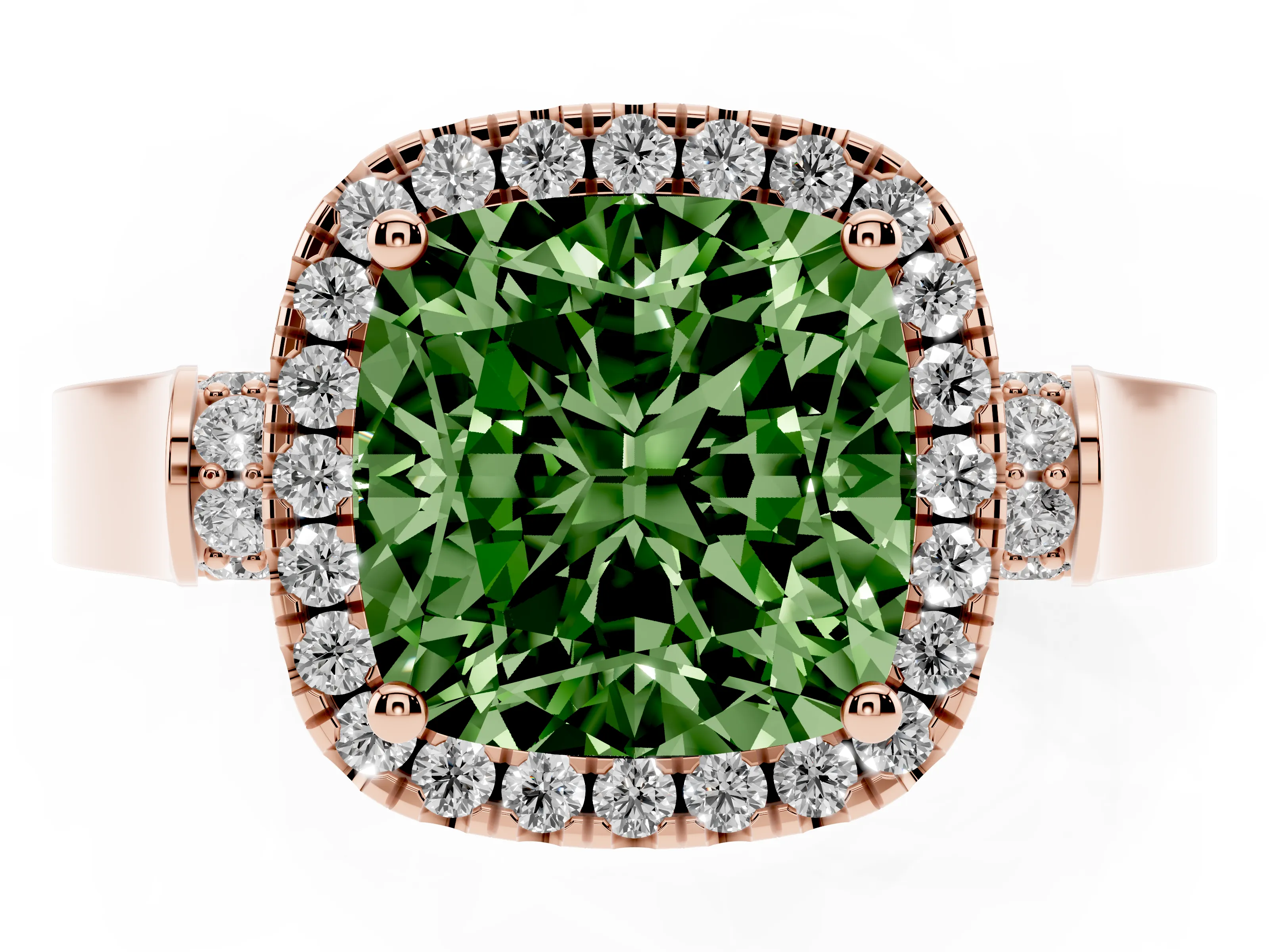 Fancy Green Cushion Cut Diamond Halo Ring Set in Rose gold with Pavé-Lined Split Shank Band