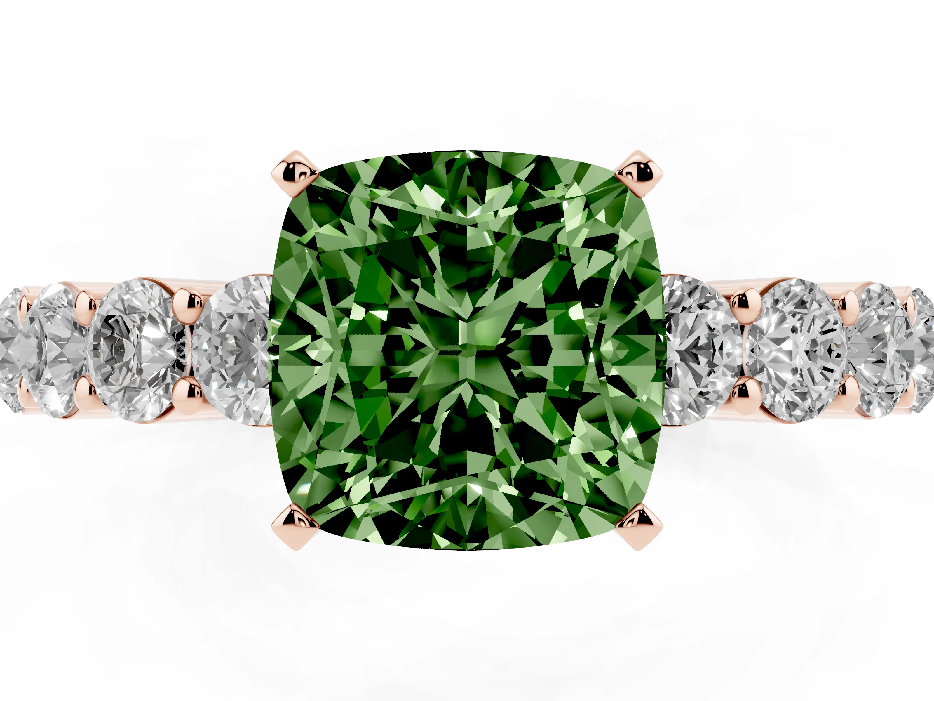 Fancy Green Cushion Cut Diamond Solitaire Ring Set in Rose gold with Shared Prong Round Side Stones
