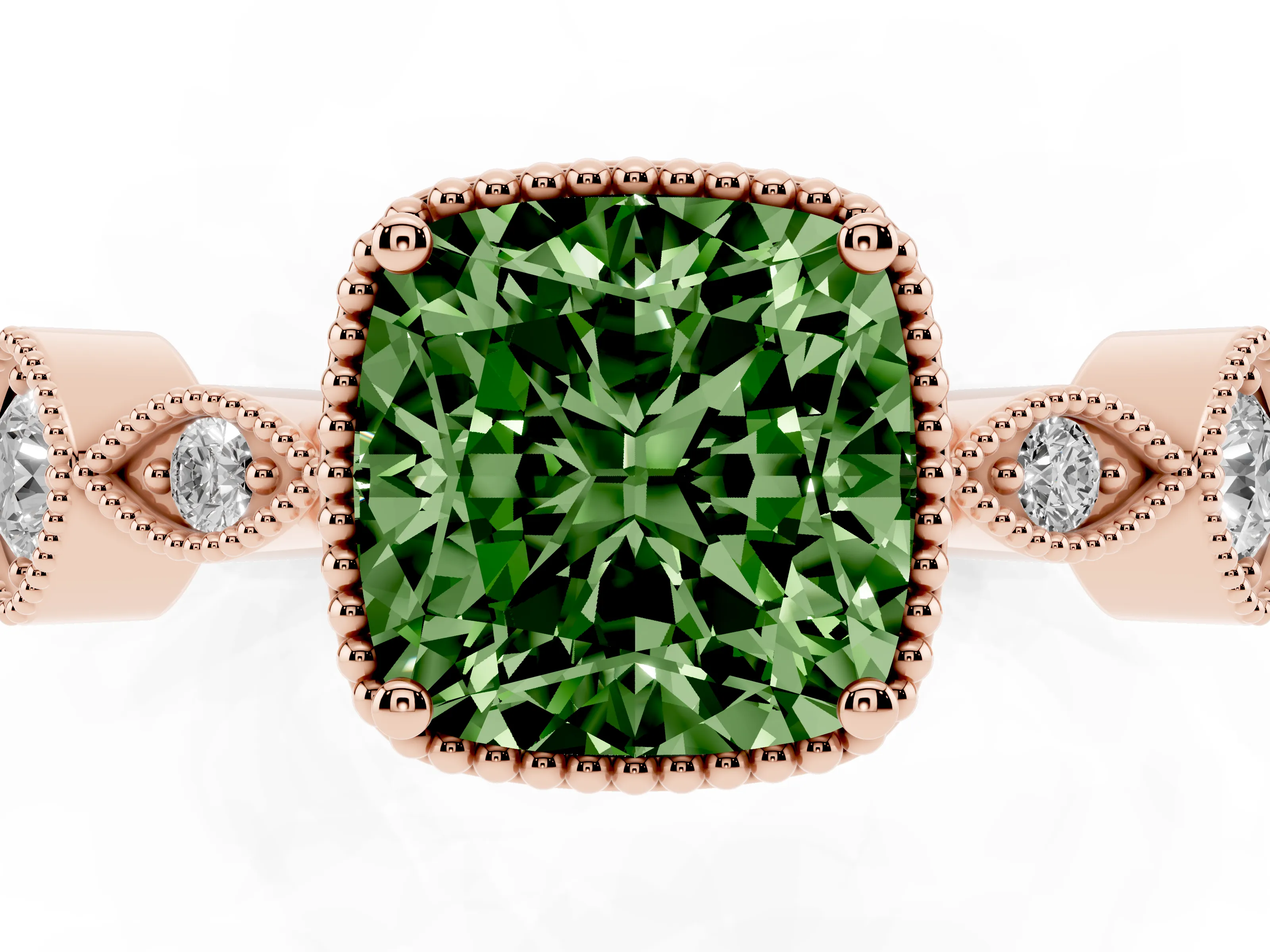 Fancy Green Cushion Cut Diamond Vintage-Inspired Milgrain Ring Set in Rose gold with Marquise Stations of Round Accents