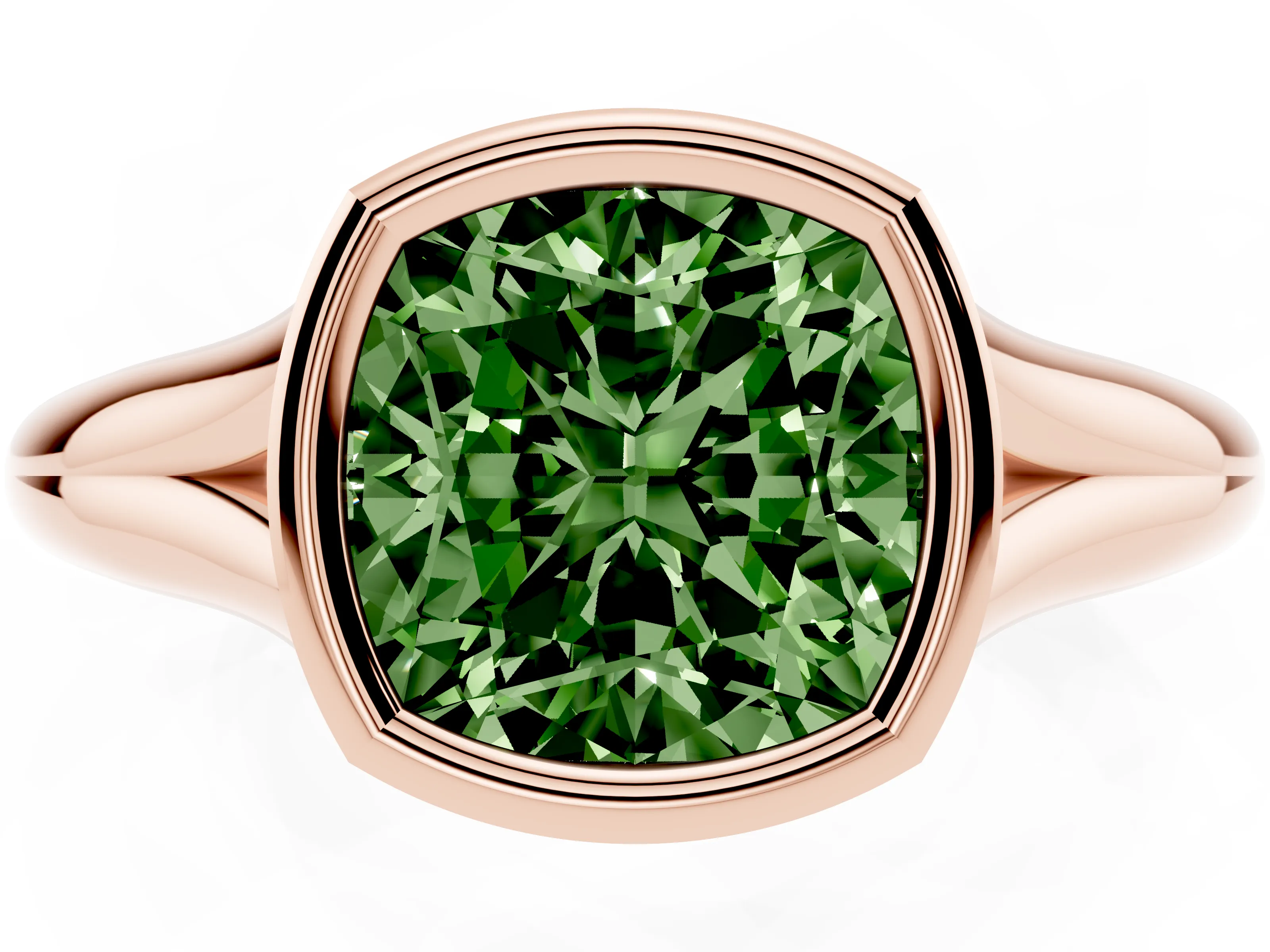 Fancy Green Bezel Set Cushion Cut Diamond Solitaire Ring Set in Rose gold with Smooth Band
