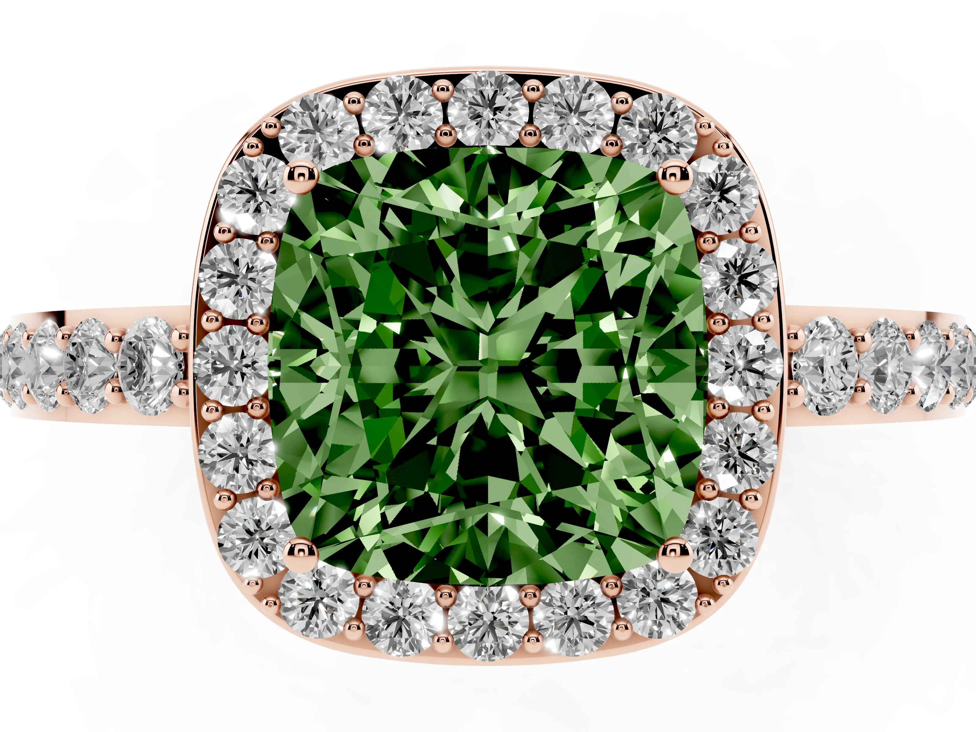 Fancy Green Cushion Cut Diamond Halo Ring Set in Rose gold with Pavé-Setting Band and Open Prong Center