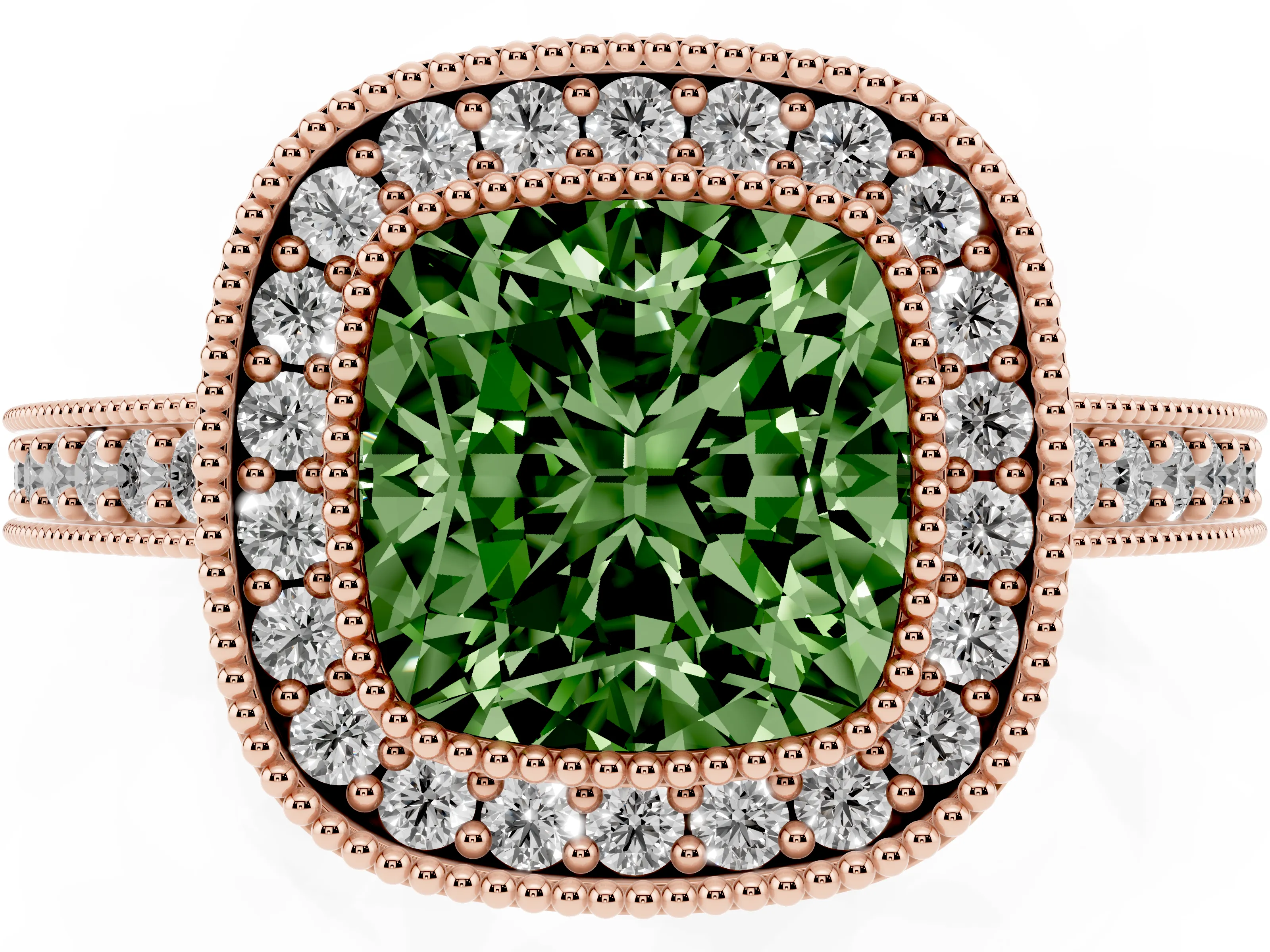 Fancy Green Cushion Cut Diamond Halo Engagement Ring Set in Rose gold with Pavé Band and Round Halo Stones
