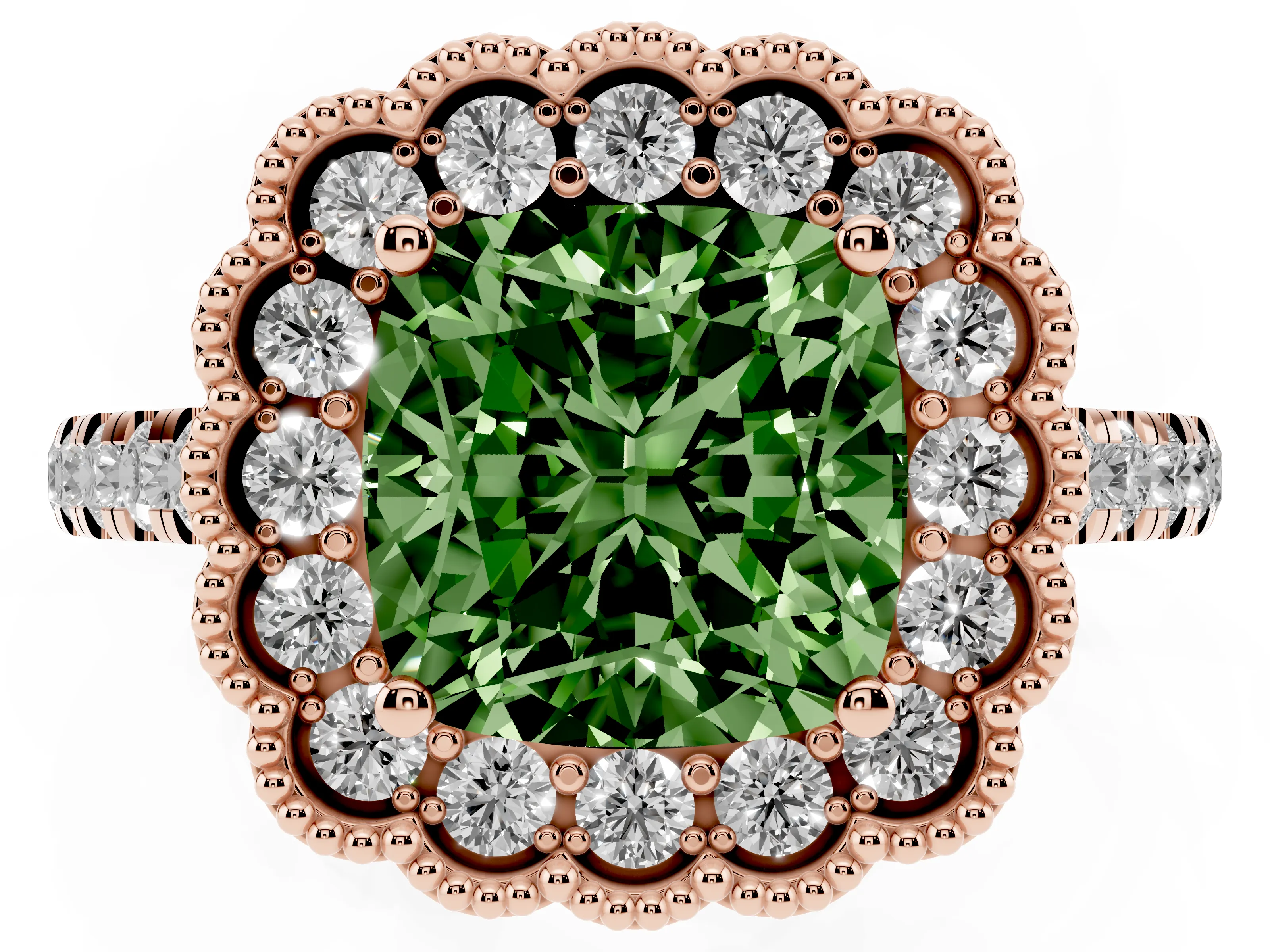 Fancy Green Cushion Cut Diamond Milgrain Floral Halo Engagement Ring Set in Rose gold with Pavé Band