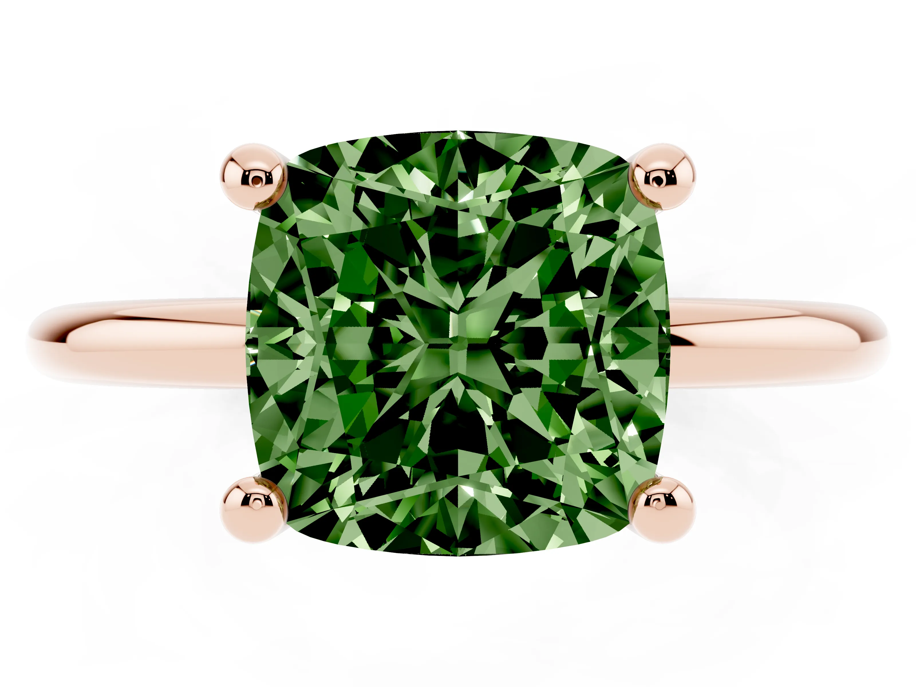 Fancy Green Cushion Cut Diamond Solitaire Ring Set in Rose gold with Secure Prong Setting on a Classic Band