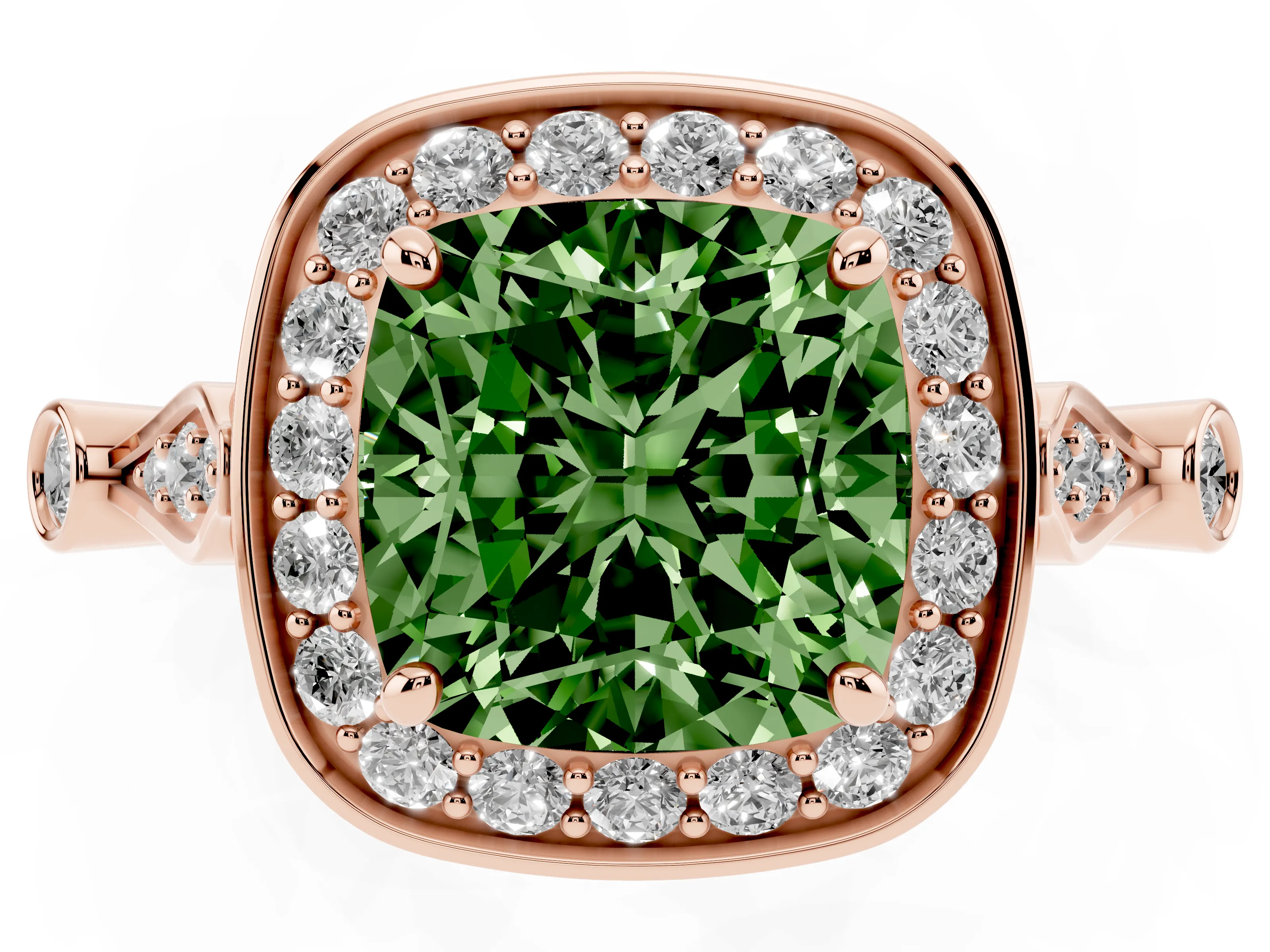 Fancy Green Cushion Cut Diamond Halo Engagement Ring Set in Rose gold with Twisted Band and Prong Setting