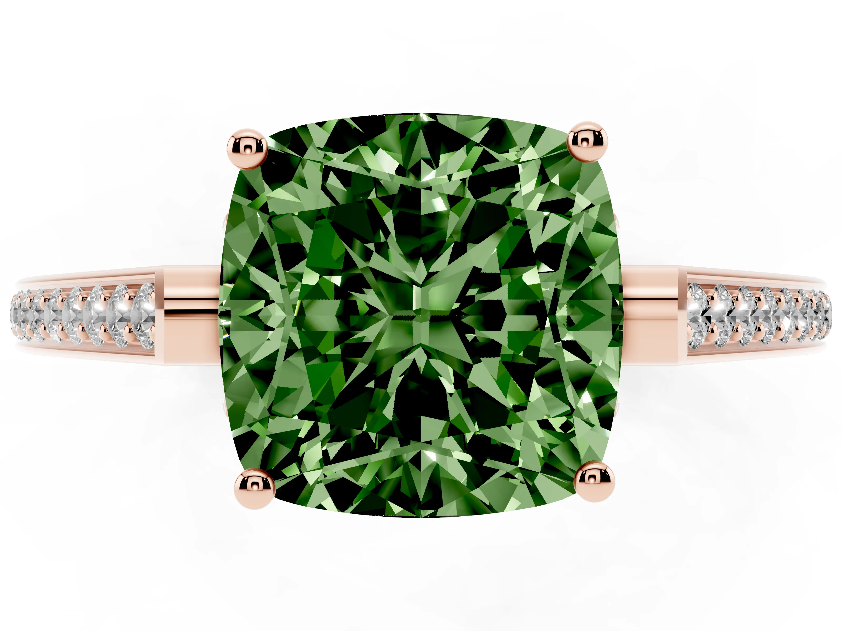 Fancy Green Cushion Cut Diamond Cathedral Pavé Engagement Ring Set in Rose gold with Prong Setting