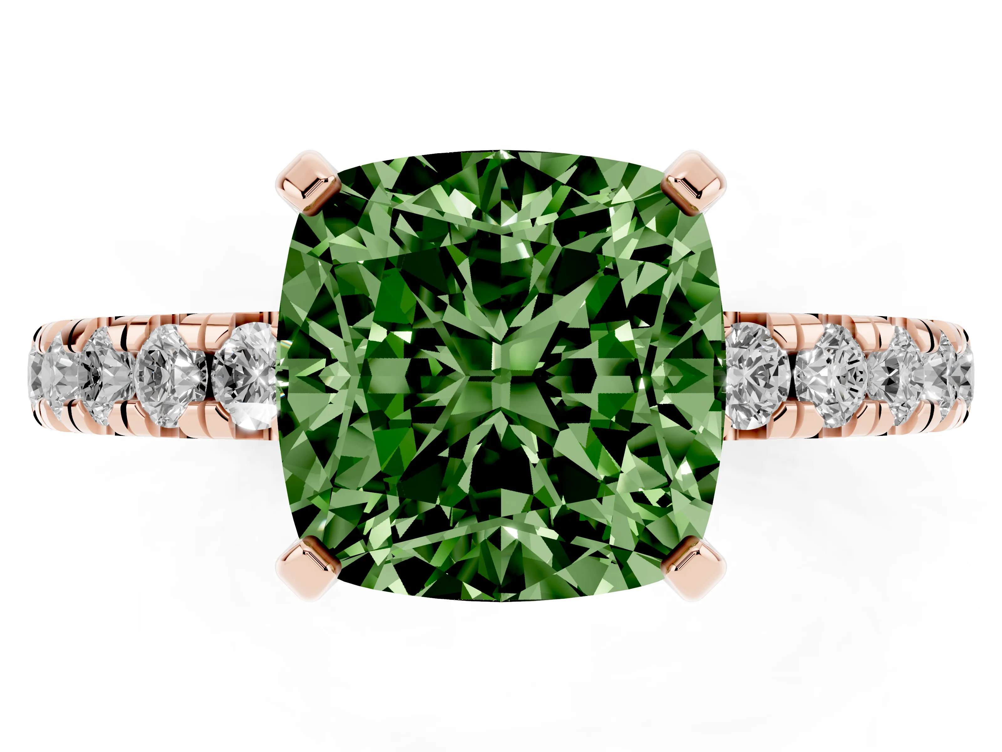 Fancy Green Cushion Cut Diamond Pavé Solitaire Ring Set in Rose gold with Round Band and Prong Setting