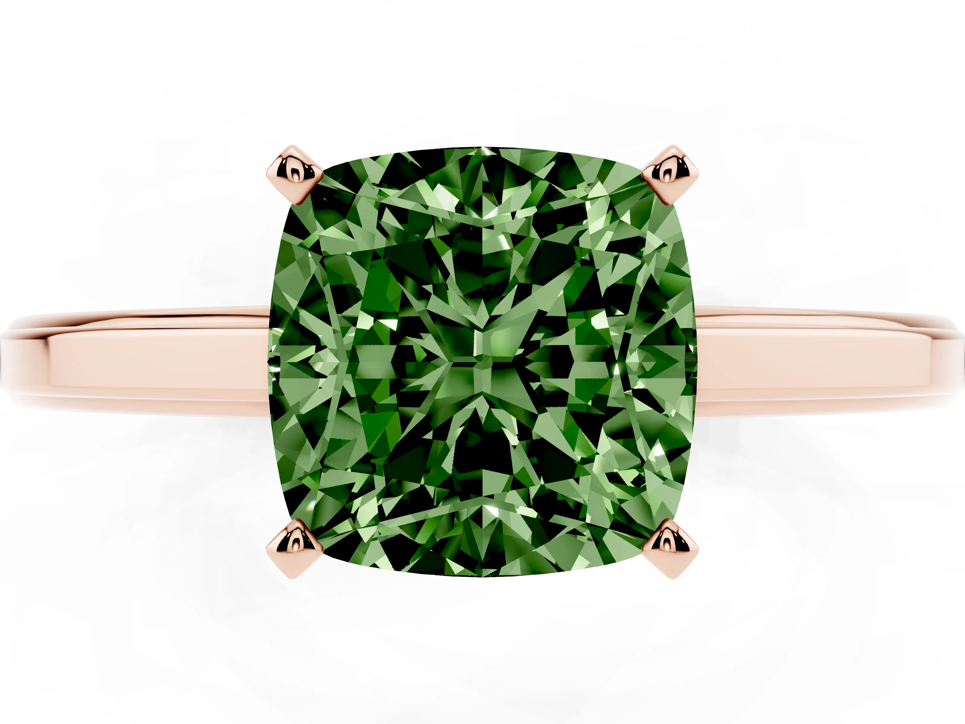 Fancy Green Cushion Cut Diamond Solitaire Ring Set in Rose gold with Prong Setting and Classic Band